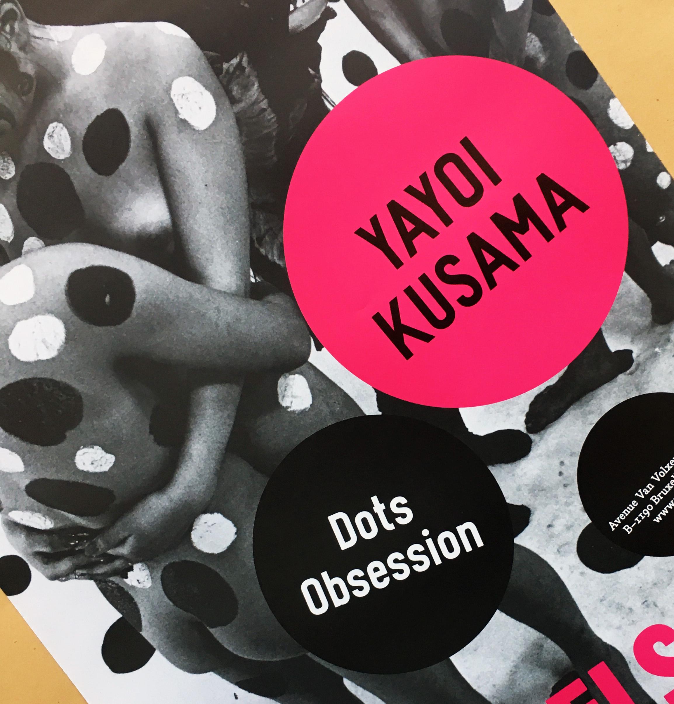 Yayoi Kusama Dots Obsession 2007
An iconic, vibrantly colored pop art piece - this Kusama exhibit poster features the universal polka dot patterns for which the artist is best known; here set amidst a photograph of Kusama painting human figures in