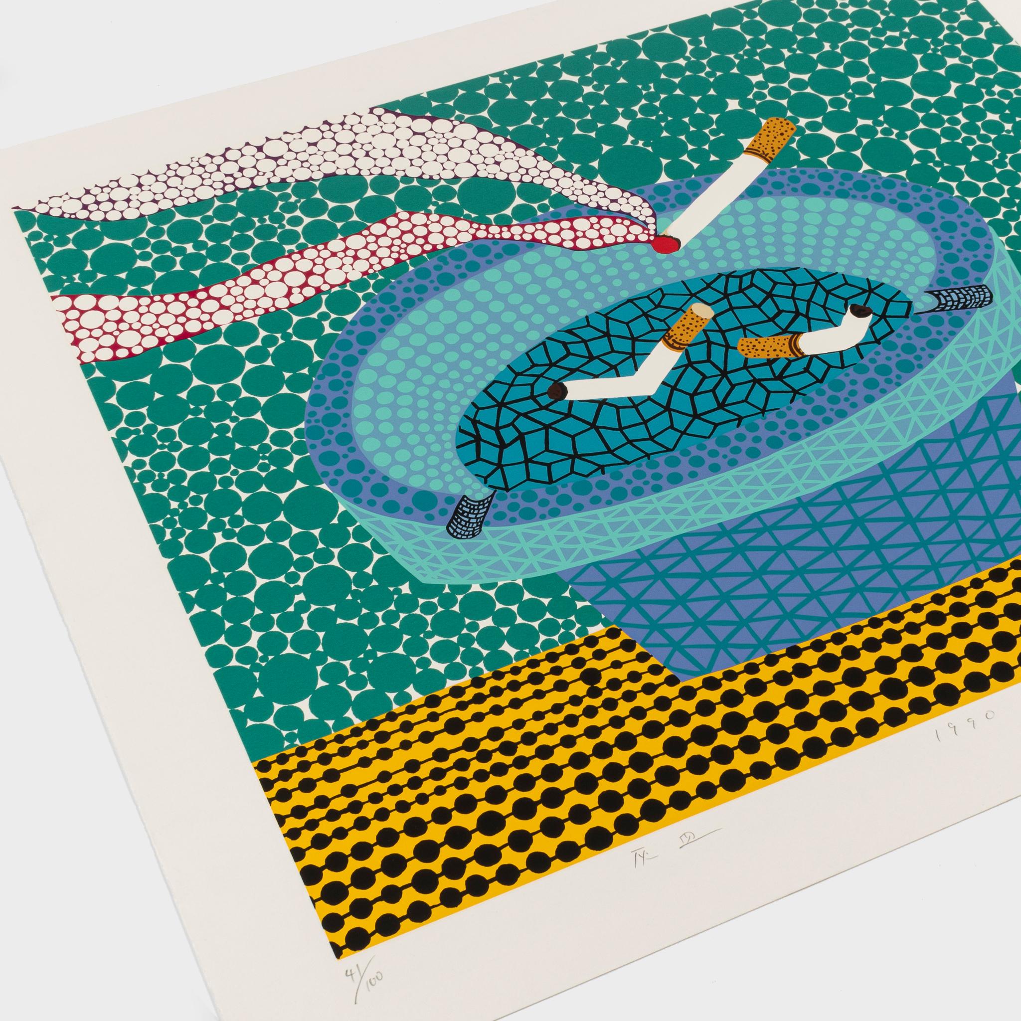 Screenprint in colours with lamé, on Kakita-shi paper
Edition 41 of 100
60 x 68 cm (23.6 x 26.8 in)
Signed, numbered, dated and titled on front
Artwork in excellent condition considering its age, with strong colours and defined details, symbolic of