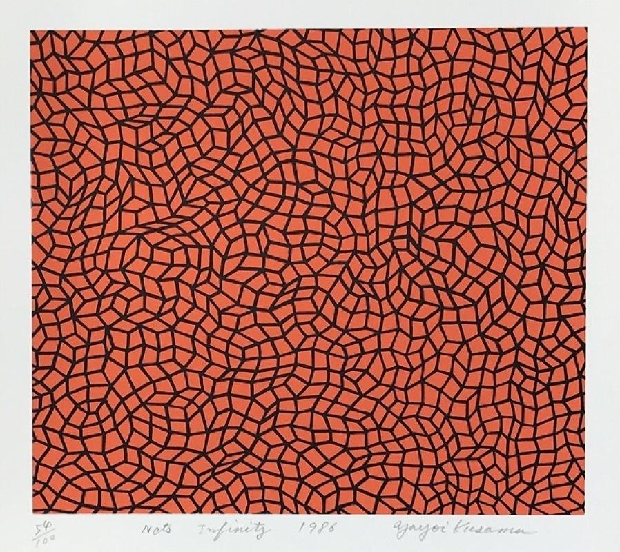 Yayoi Kusama 
Dots Infinity (1986). Edition 53/100
Screenprint
[2 screens, 2 colors]
Signed, titled, dated and numbered 53/100 in pencil by the artist
28 x 32 cm [11 ¹/₃₂ x 12 ¹⁹/₃₂ in]  (image) 
51.5 x 36.4 cm [20 ⁹/₃₂ x 14 ²¹/₆₄ in]