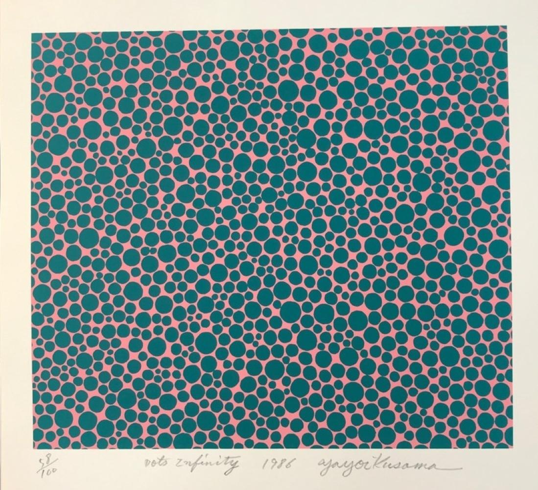 Yayoi Kusama 
Dot Dot Infinity (1986). Edizione 58/100
Serigrafia
[2 schermi, 2 colori]
Firmato, intitolato, datato e numerato 58/100 a matita dall'artista.
28 x 32 cm [11 ¹/₃₂ x 12 ¹⁹/₃₂ in]  (immagine) 
51,5 x 36,4 cm [20 ⁹/₃₂ x 14 ²¹/₆₄ in]