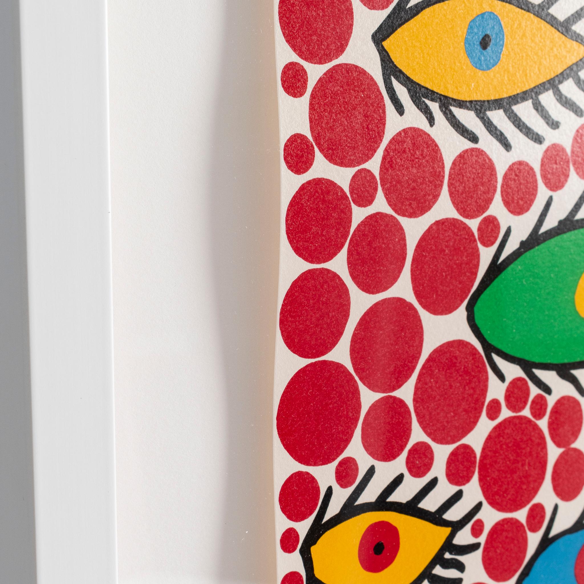 Augen fliegen im Himmel (Beige), Abstract Print, von Yayoi Kusama