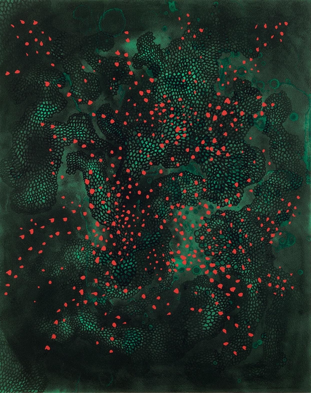 Yayoi Kusama 
Fireflies (1999). Edition 74/100
Screenprint
[14 screens, 14 colors, 14 runs]
59.7 x 47.7 cm [23 ¹/₂ x 18 ²⁵/₃₂ in]  (image) 
76.3 x 56.8 cm [30 ³/₆₄ x 22 ²³/₆₄ in] (sheet)
Edition of 100 + 10 Artist Proofs + 5 Printer Proofs
Published