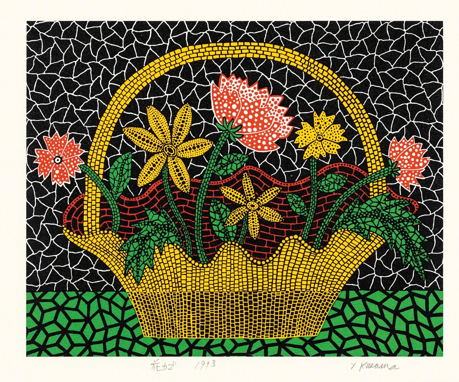 Yayoi Kusama Still-Life Print – Blumenkorb mit Blumenmotiv