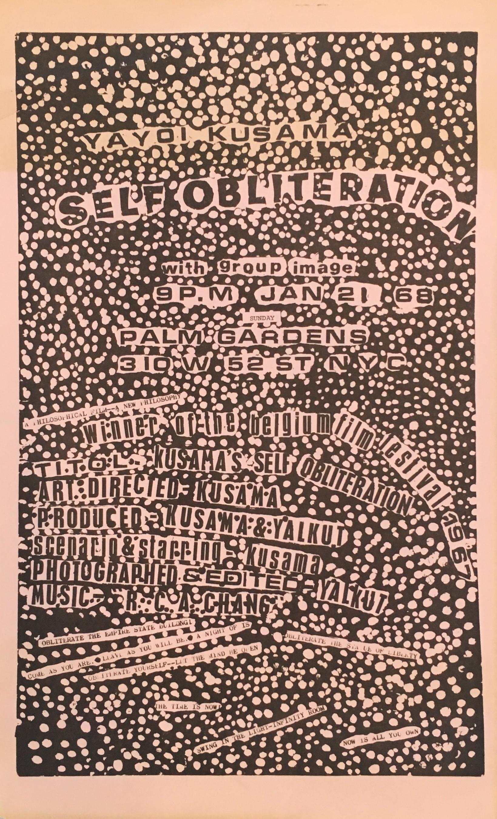 Yayoi Kusama Self-Obliteration  New York, NY 1968
Rare original flyer / announcement designed by Yayoi Kusama to promote a screening of Kusama's historic 1968 film 