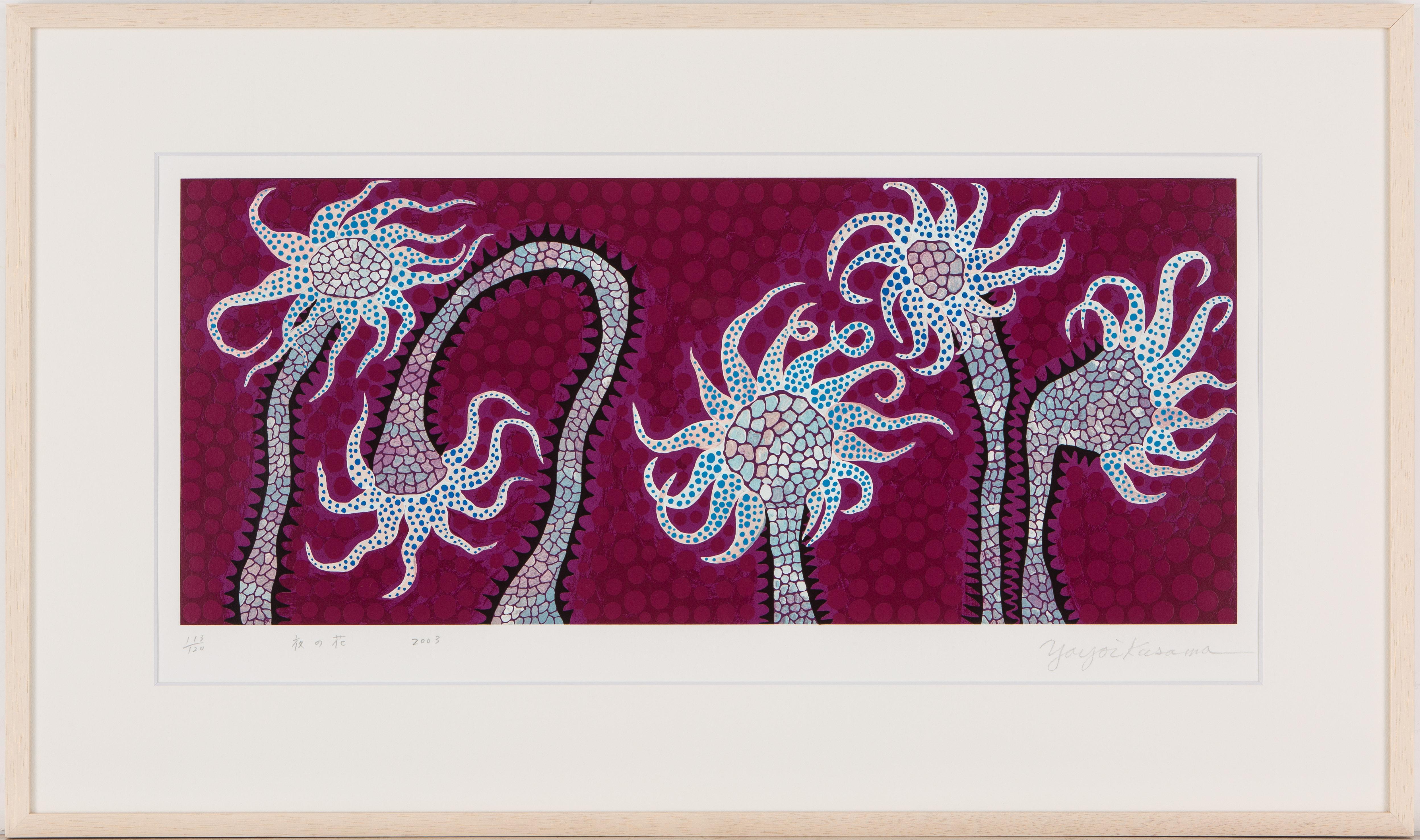 Yayoi Kusama
Nachtblumen (2003)
Siebdruck [23 Raster, 24 Farben, 24 Auflagen]
Bild 28 x 66,3 cm
Blatt 42,8 x 80 cm
gerahmt  51 x 89 x 5 cm
ed. 120, AP 12, PP5
Papier Kakita-shi
Drucker Okabe Tozuko

Provenienz:
Mainichi-Auktion Tokio