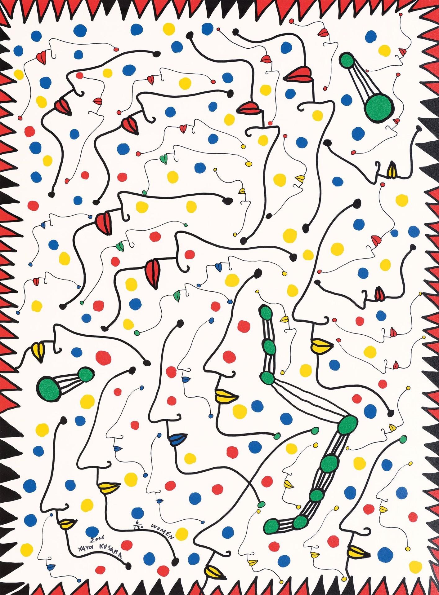 Women, Edition 6/120.
Screenprint.
Image: 76 x 60 cm.
Sheet: 76 x 60 cm.
Published in 2006 by Ishida Ryoichi.
A print of the same edition is represented in plate 353, page 201 of the Catalogue RaisonnÃ© of Kusama's prints:
Yayoi Kusama Prints