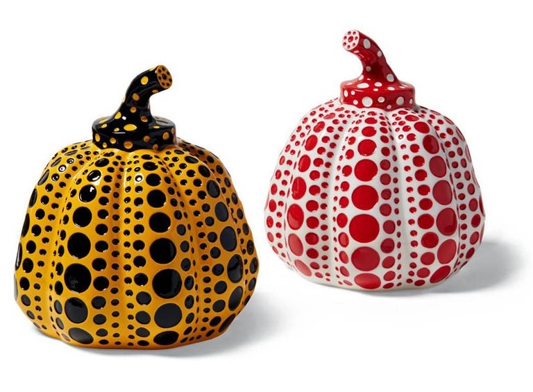 Yayoi Kusama Set of Two Pumpkins: Yellow and Black / Red and White circa 2015:
An iconic, vibrantly colored pop art set - these small Kusama pumpkin sculptures feature the universal polka dot patterns and bold colors for which the artist is perhaps