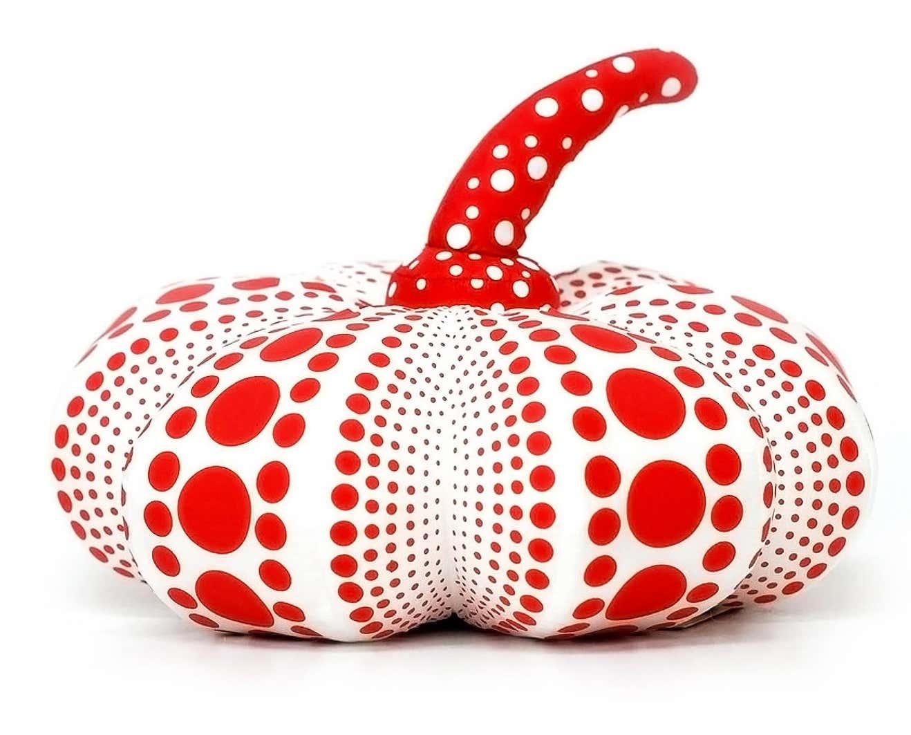 Yayoi Kusama Set of 3 Plush Pumpkins: Yellow and Black (large), Red & White and Yellow & Black (representing the 2 smaller):

An iconic, vibrantly colored pop art set - these Kusama plush pumpkins feature the universal polka dot patterns and bold