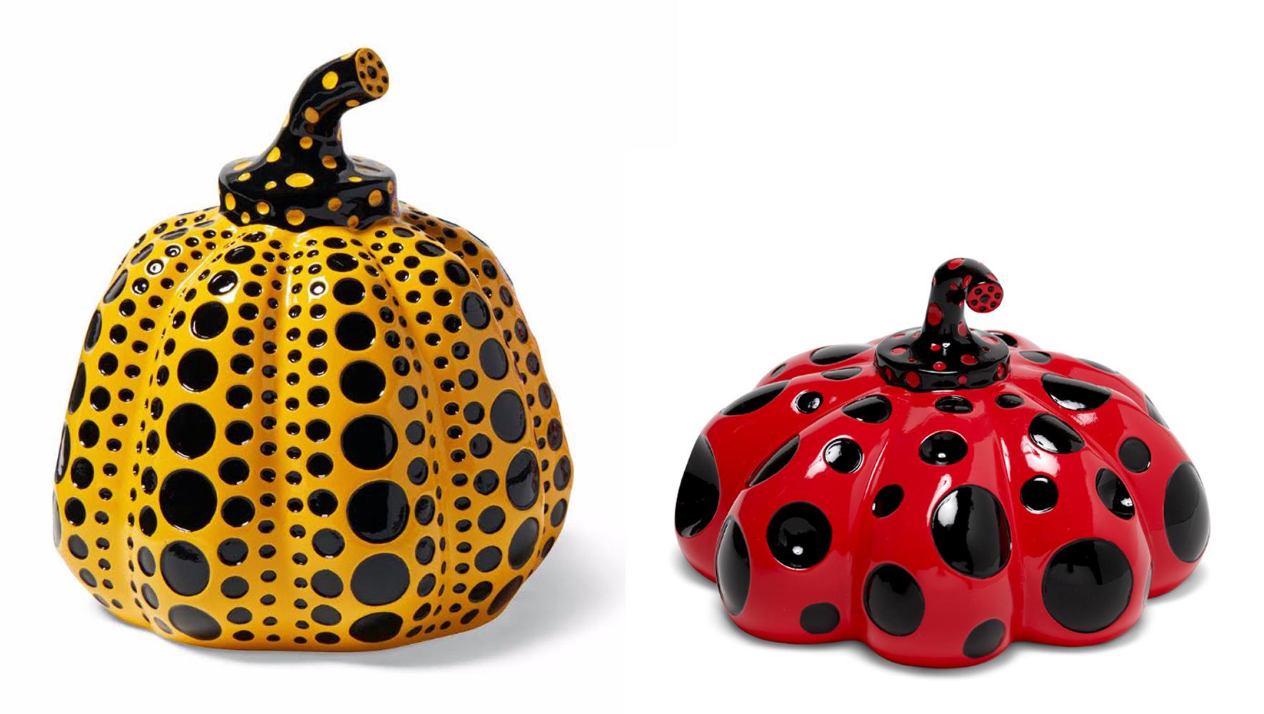Yayoi Kusama Set of 2 Pumpkins: Yellow and Black & Red & Black Naoshima:

An iconic, vibrantly colored pop art set - these small Kusama pumpkin sculptures feature the universal polka dot patterns and bold colors for which the artist is perhaps best