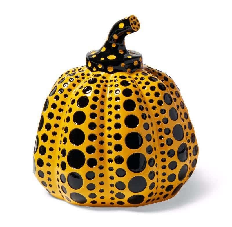Yayoi Kusama Pumpkins ceramic & plush (set of 4 works) : Yellow and Black, Red & White
An iconic, vibrantly colored pop art set - these small Kusama pumpkin sculptures & plushes feature the universal polka dot patterns and bold colors for which the