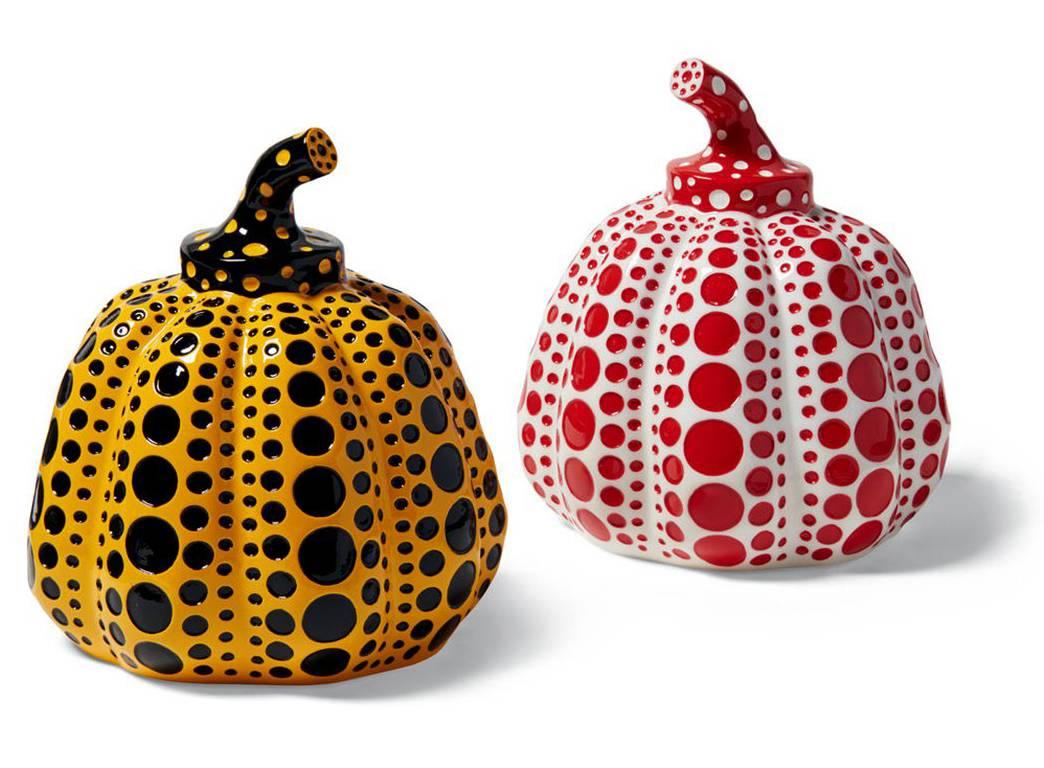 Yayoi Kusama Set of Two Pumpkins: Yellow and Black / Red and White:
An iconic, vibrantly colored pop art set - these small Kusama pumpkin sculptures feature the universal polka dot patterns and bold colors for which the artist is perhaps best known.