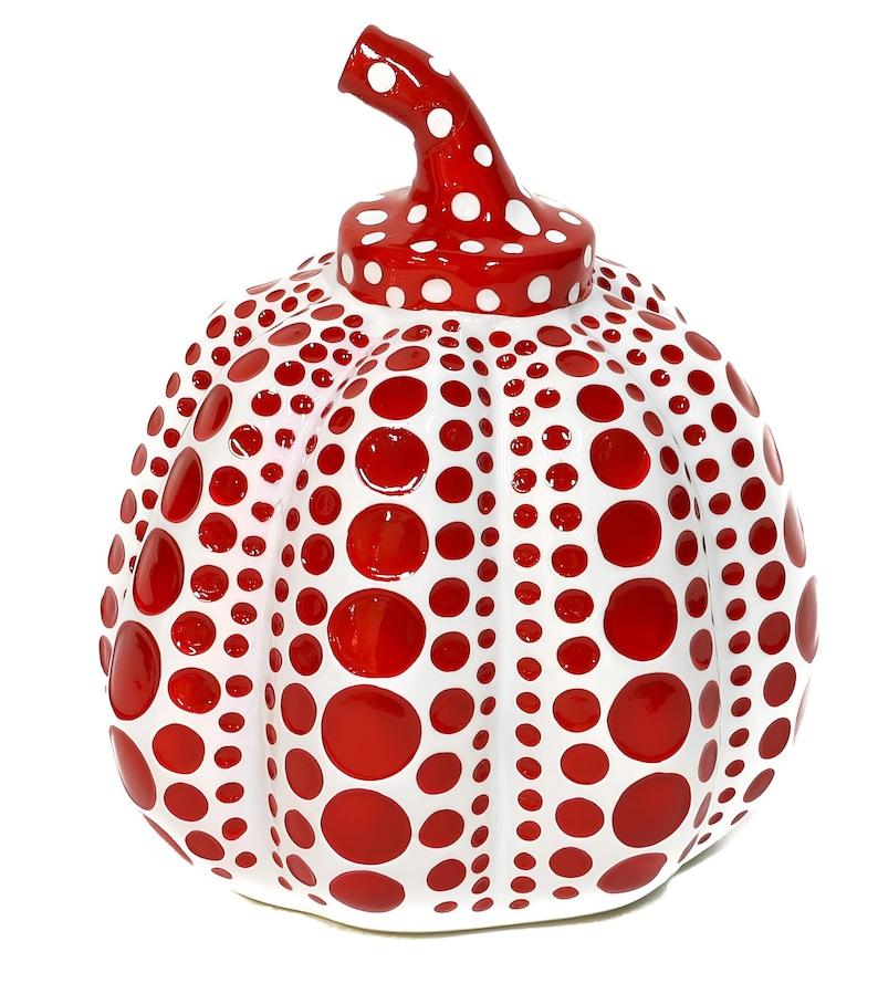 Artist: Yayoi Kusama (1929)
Title: Pumpkin, Red/White
Year: 2016
Medium: Painted cast resin sculpture with decorative box, as issued
Sculpture Size: 4 × 3.5 x 3.5 inches
Inscription: ©Yayoi Kusama, as issued
Notes: Published by Fukutake Foundation,