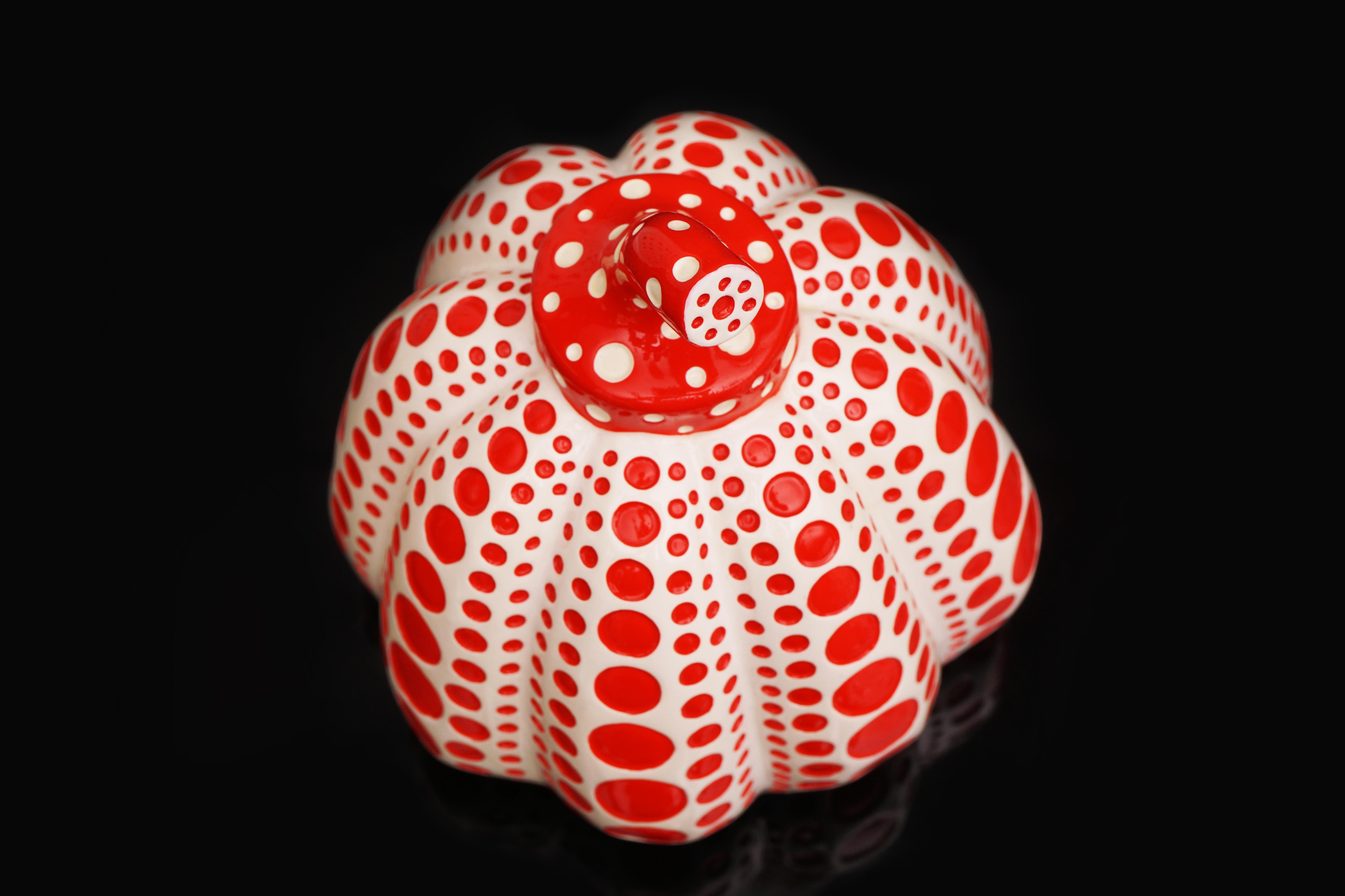 The ’Pumpkin' Set of Two sculptures are polka-dotted painted lacquer resin collectible art objects by the legendary contemporary Artist, Yayoi Kusama. Published by Benesse Holdings, Inc., Naoshima, Japan. Created in 2016, the polka-dot pumpkin
