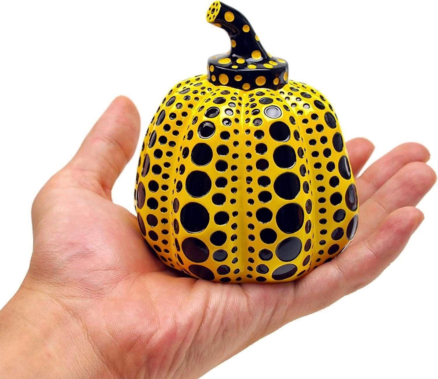 Artist: Yayoi Kusama (1929)
Title: Pumpkin (Yellow & Black)
Year: circa 2013-2020
Medium: Painted Cast Resin Sculpture
Size: 4.13 x 3.35 x 3.35 inches
Condition: Excellent
Inscription: Stamped on the underside with the artist's name.
Notes: