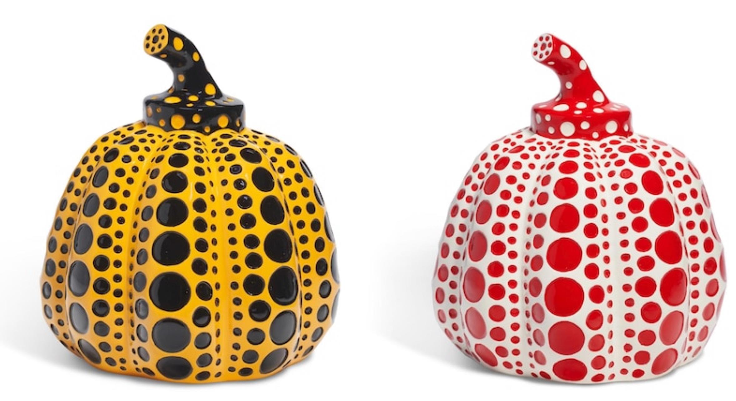 Artist: Yayoi Kusama (1929)
Title: Pumpkins, Yellow/Black, Red/White (Two Sculptures)
Year: 2016
Medium: Painted cast resin sculptures with decorative boxes, as issued
Sculpture Size: 4 × 3.5 x 3.5 inches, each
Inscription: ©Yayoi Kusama, as