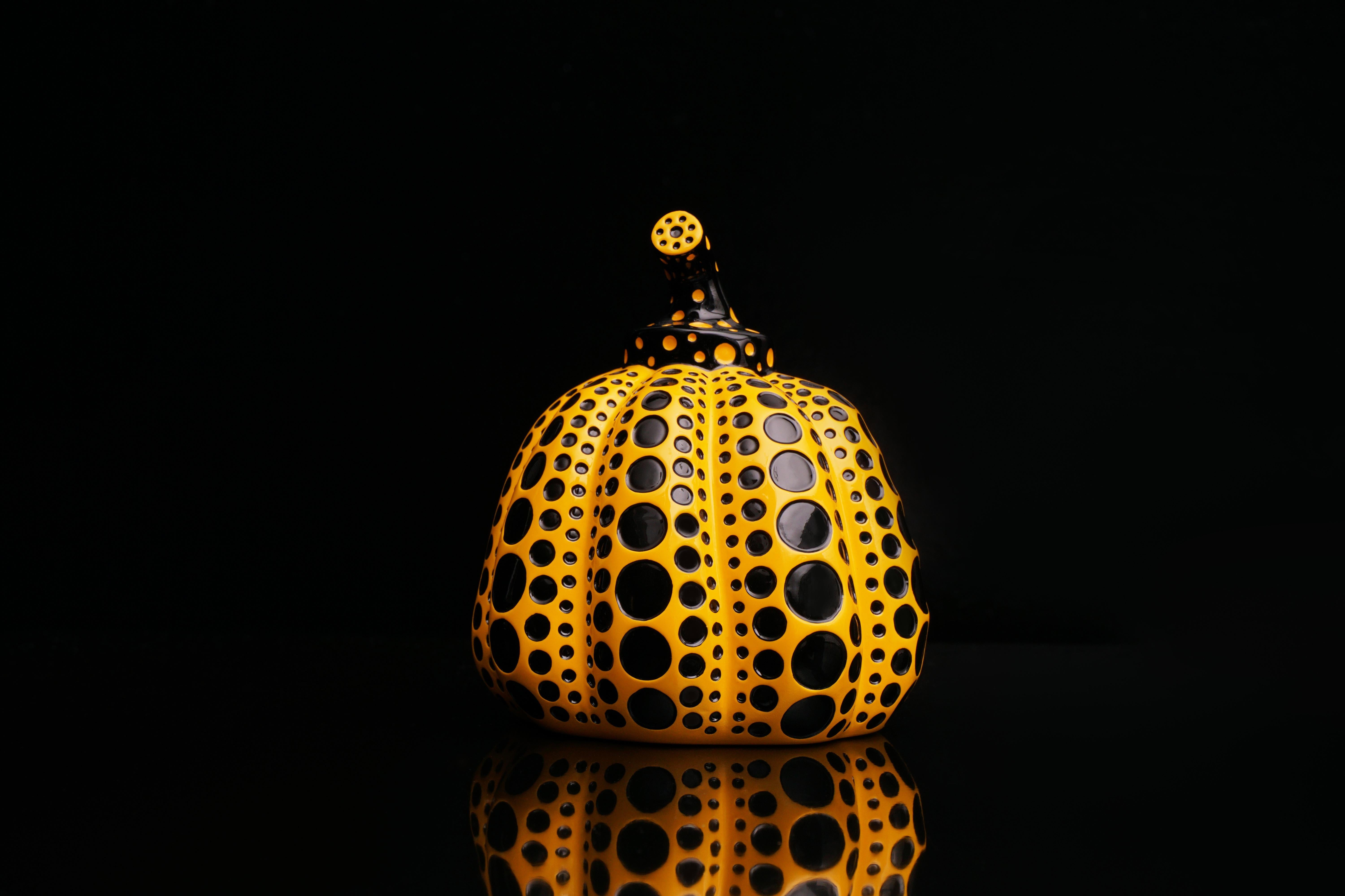 The ’Pumpkin' Set of Two sculptures are polka-dotted painted lacquer resin collectible art objects by the legendary contemporary Artist, Yayoi Kusama. Created in 2016, the polka-dot pumpkin series is a quintessential example of Kusama’s iconic