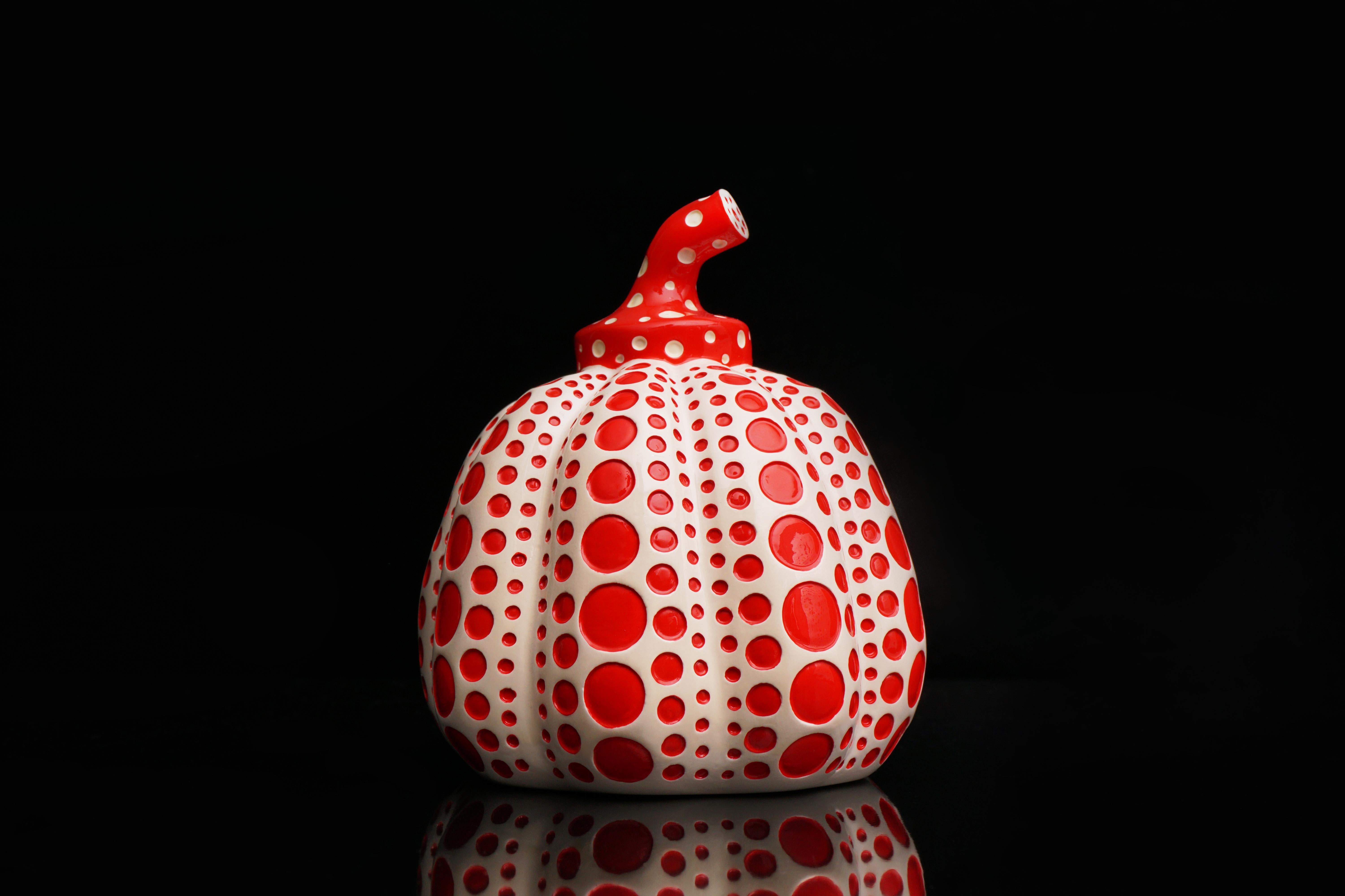 The ’Pumpkin'  sculpture is a polka-dotted painted lacquer resin collectible art object by the legendary contemporary Artist, Yayoi Kusama. Created in 2016, the polka-dot pumpkin series is a quintessential example of Kusama’s iconic spot-patterned