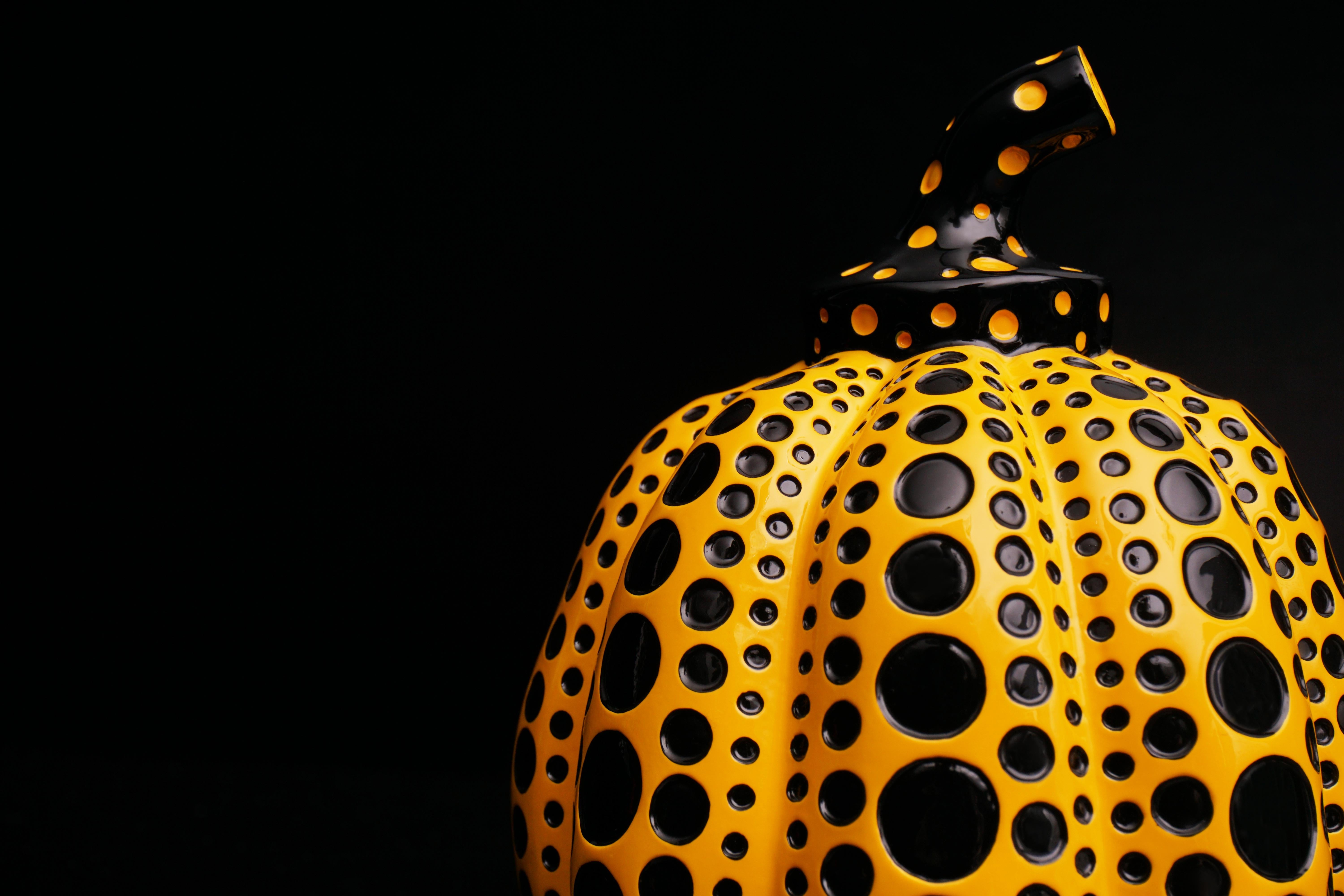 The ’Pumpkin'  sculpture is a polka-dotted painted lacquer resin collectible art object by the legendary contemporary Artist, Yayoi Kusama. Created in 2016, the polka-dot pumpkin series is a quintessential example of Kusama’s iconic spot-patterned