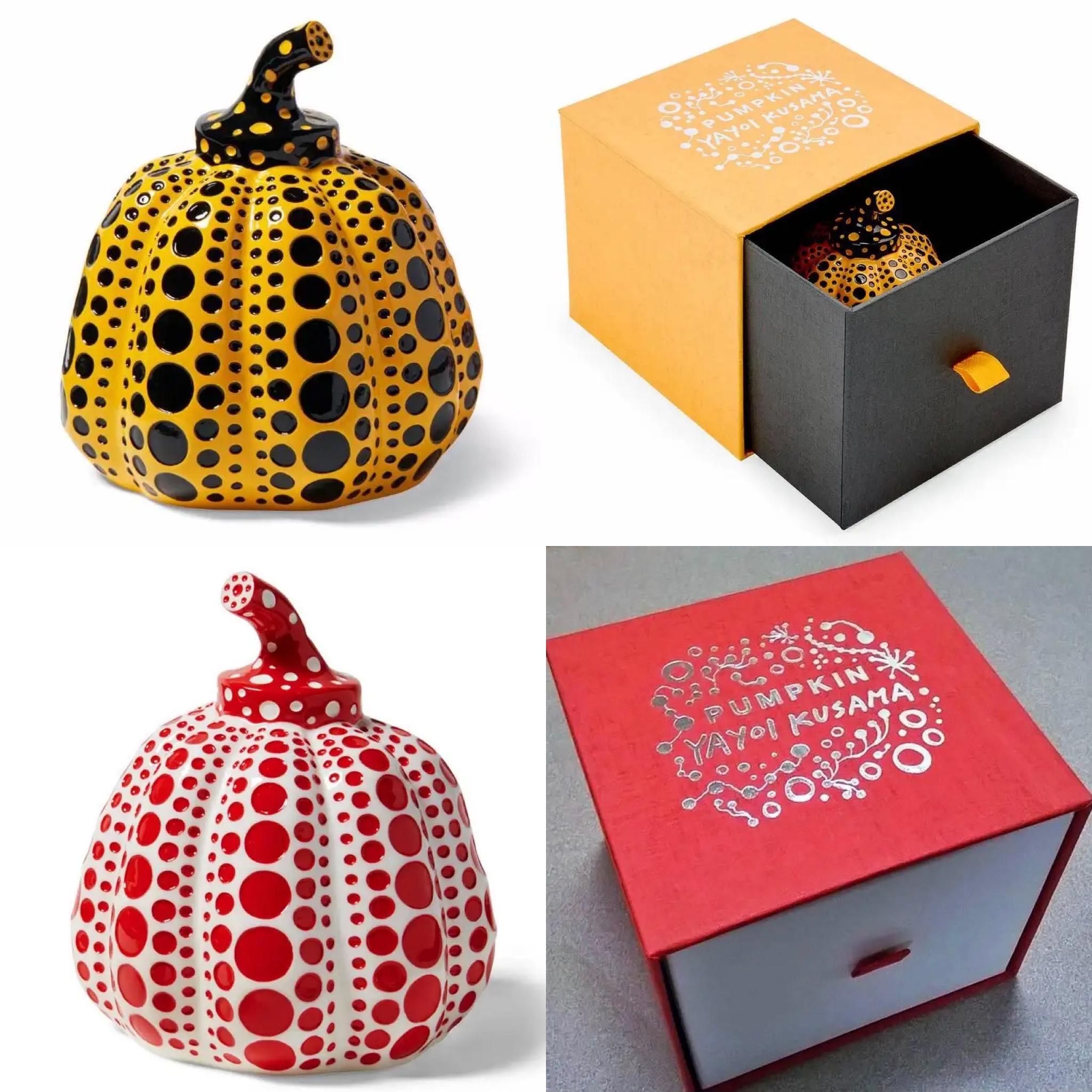 Yayoi Kusama Set of Two Pumpkins: Yellow and Black / Red and White c. 2015:
An iconic, vibrantly colored pop art set - these small Kusama pumpkin sculptures feature the universal polka dot patterns and bold colors for which the artist is perhaps