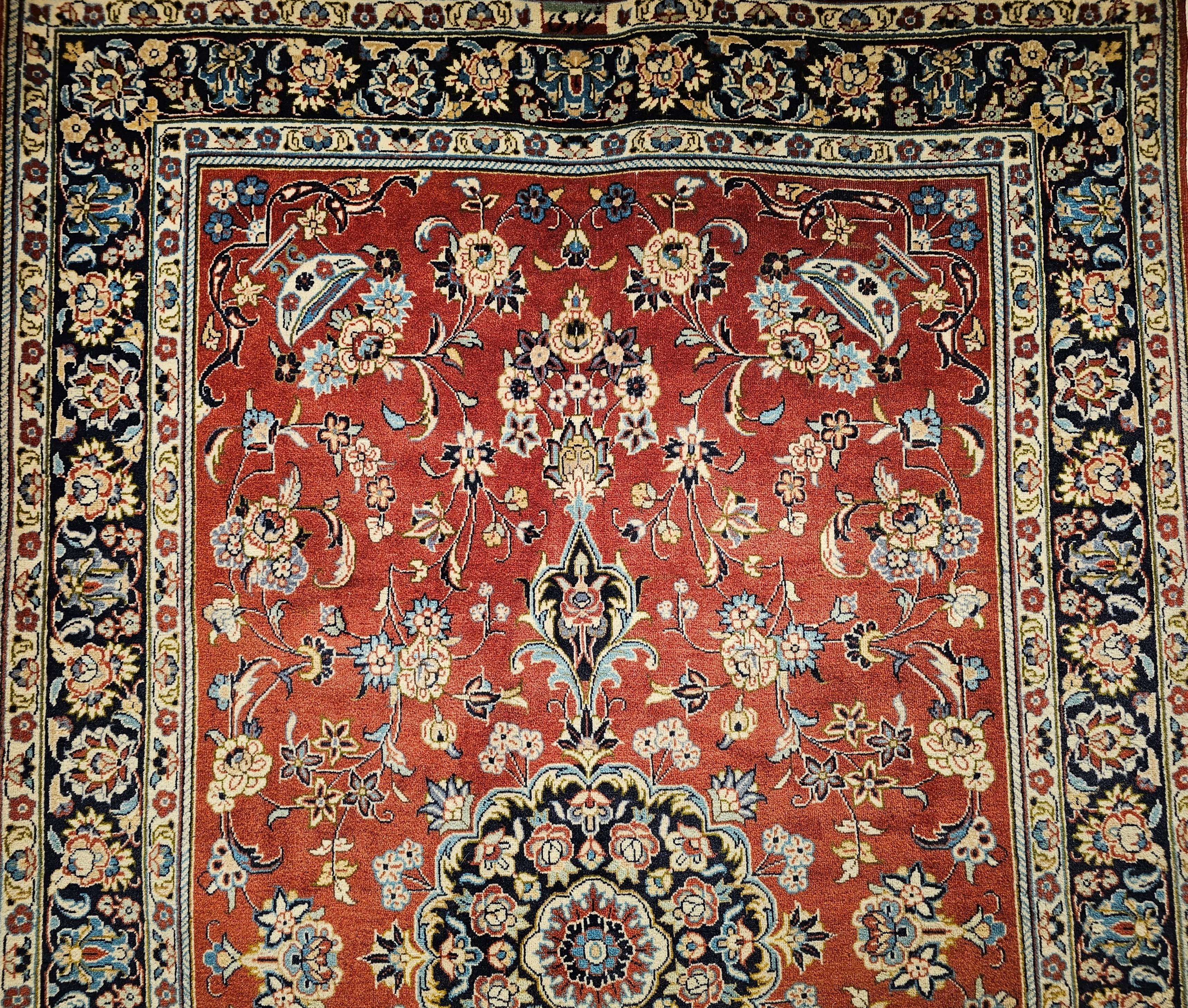 Wool Vintage Persian Yazd in Floral Pattern in Brick Red, Navy, Blue, Ivory, Pink For Sale