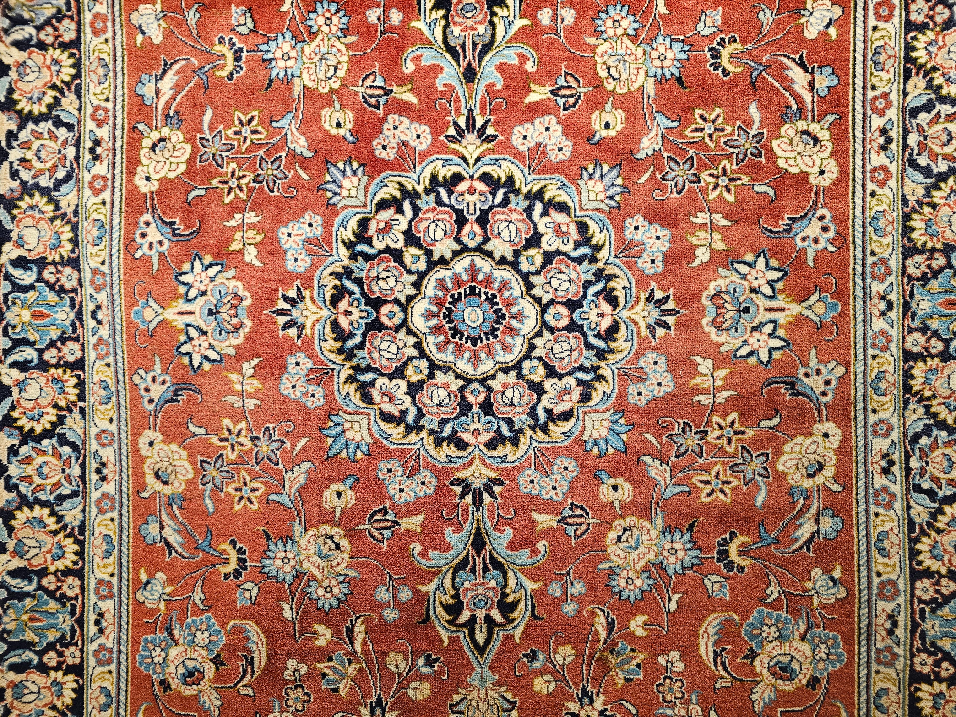 Vintage Persian Yazd in Floral Pattern in Brick Red, Navy, Blue, Ivory, Pink For Sale 1