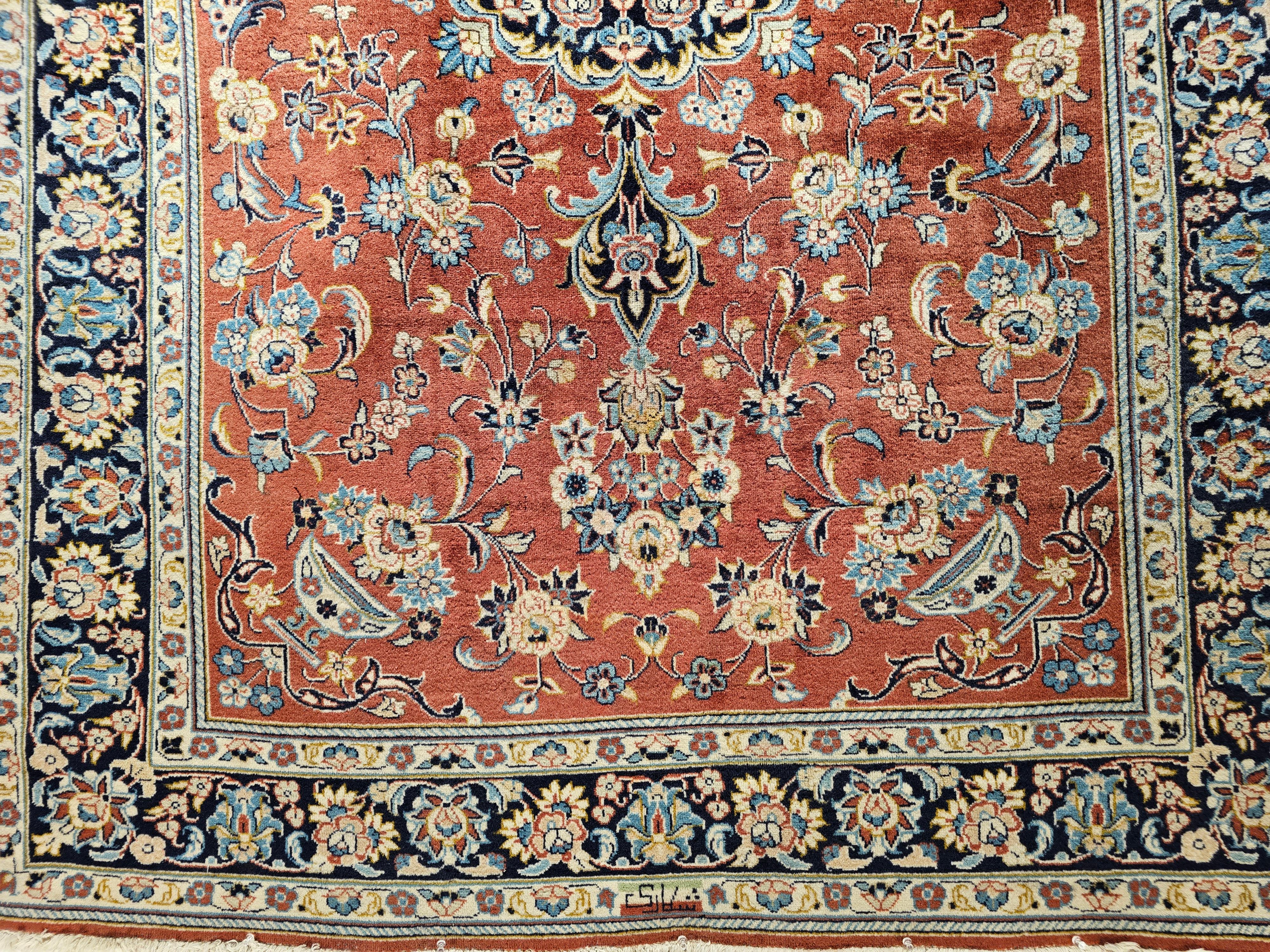 Vintage Persian Yazd in Floral Pattern in Brick Red, Navy, Blue, Ivory, Pink For Sale 2