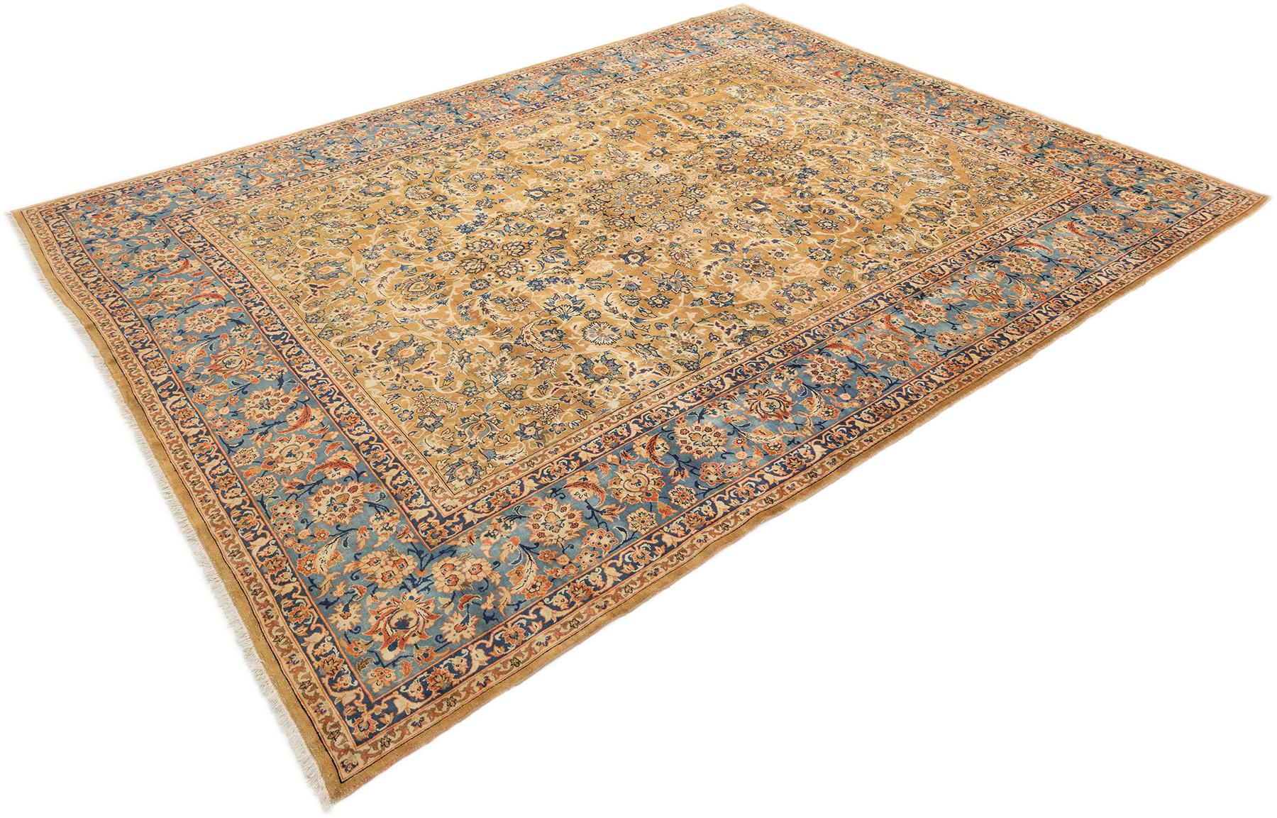 Hand-knotted Yazd rug, crafted in central Persia with fine traditional weaving.

Features an intricate allover floral and arabesque design on a golden field, framed by a striking sky-blue border adorned with scrolling palmettes and vine work.
