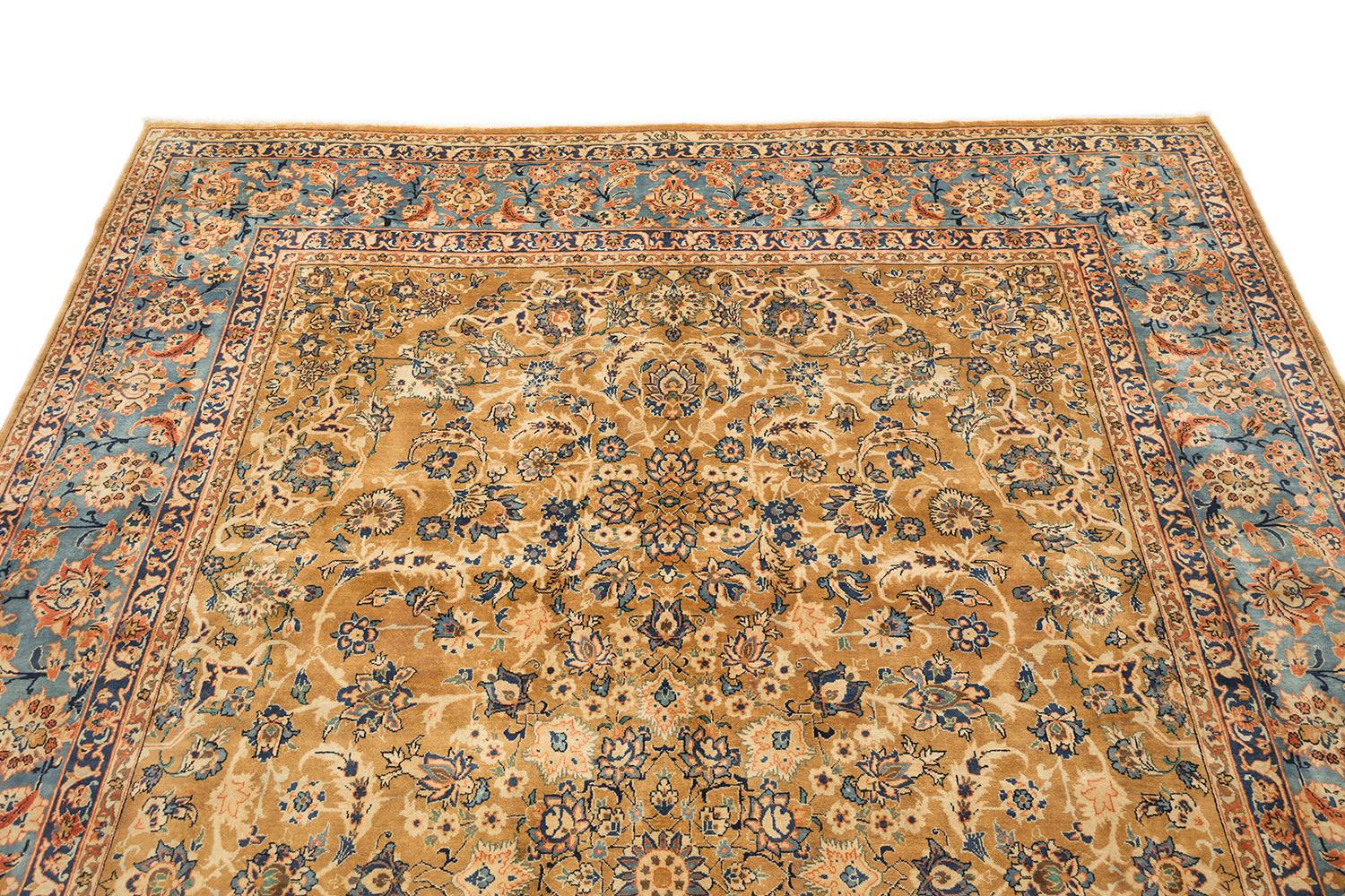 Hand-Knotted Yazd (golden field, sky-blue border, 12'11