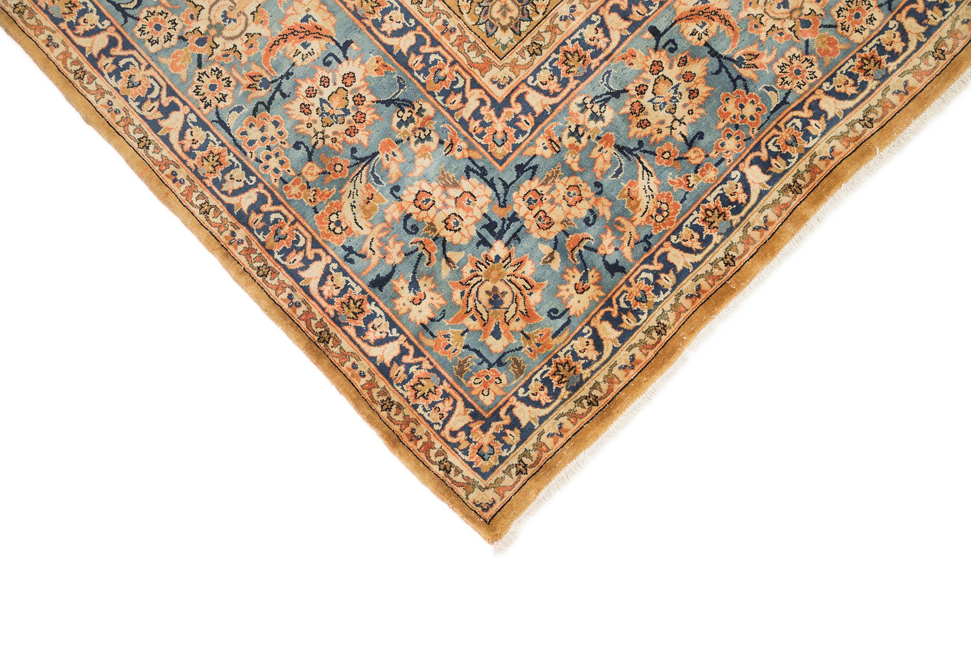 Wool Yazd (golden field, sky-blue border, 12'11