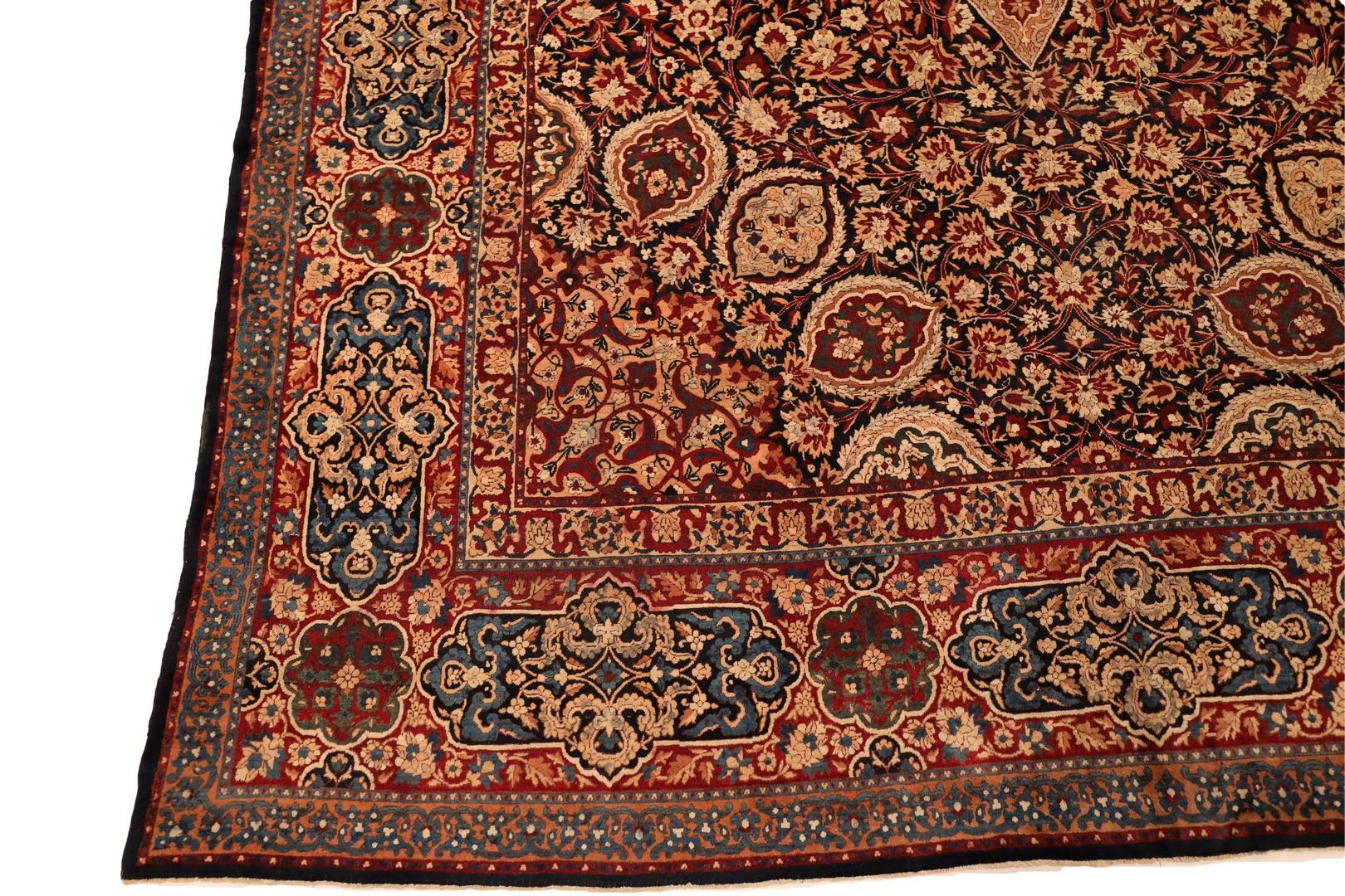 Hand-Knotted Yazd-Kerman Signed Antique Rug; Red, Beige, & Deep-Navy - 9 x 19 For Sale