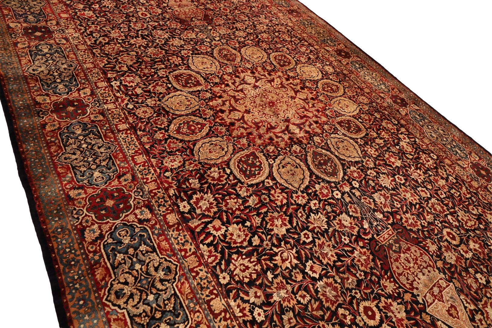 Yazd-Kerman Signed Antique Rug; Red, Beige, & Deep-Navy - 9 x 19 In Good Condition For Sale In New York, NY