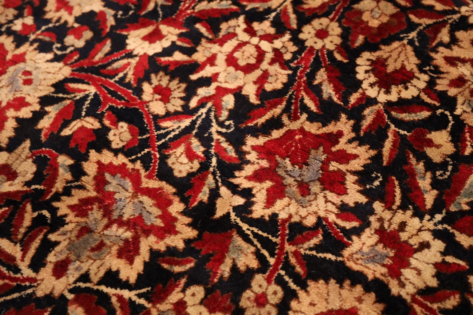 Wool Yazd-Kerman Signed Antique Rug; Red, Beige, & Deep-Navy - 9 x 19 For Sale