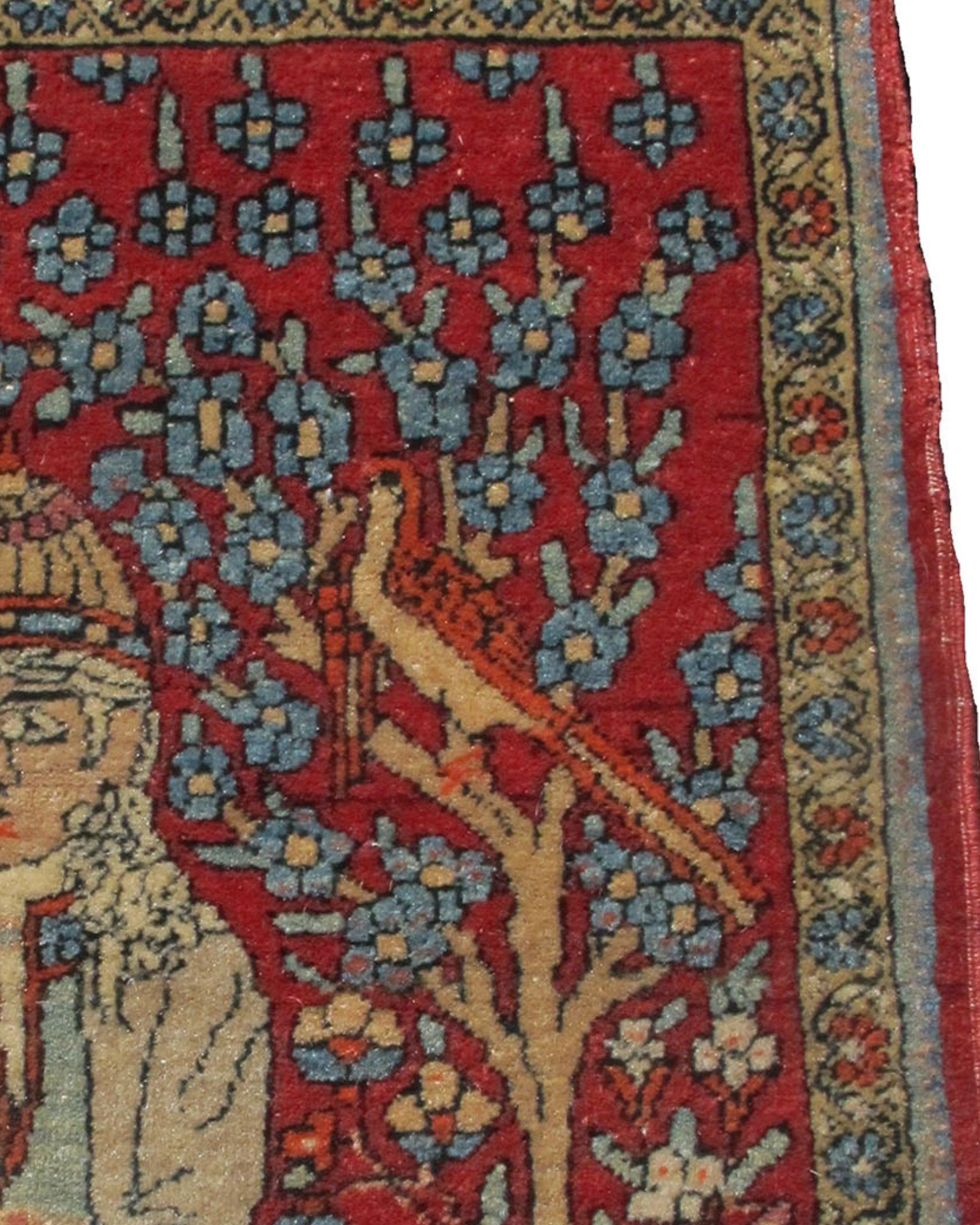 Hand-Knotted Yazd Pictorial Mat, c. 1900 For Sale