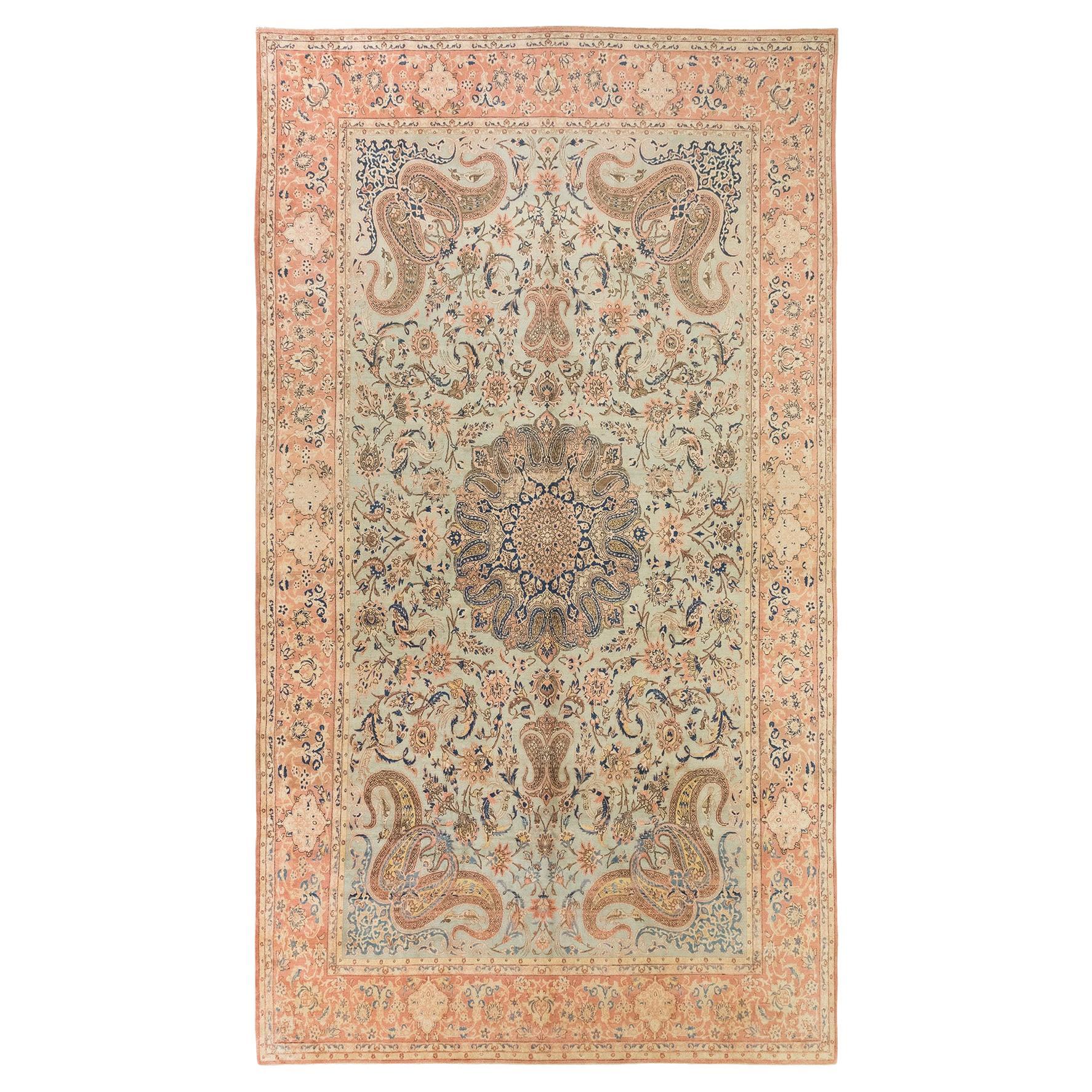 Yazd Rug, Hand Knotted, 17.7 × 9.9 ft – Soft Blue, Salmon, Ivory and Blue For Sale