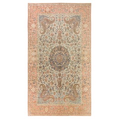 Yazd Rug, Hand Knotted, 17.7 × 9.9 ft – Soft Blue, Salmon, Ivory and Blue