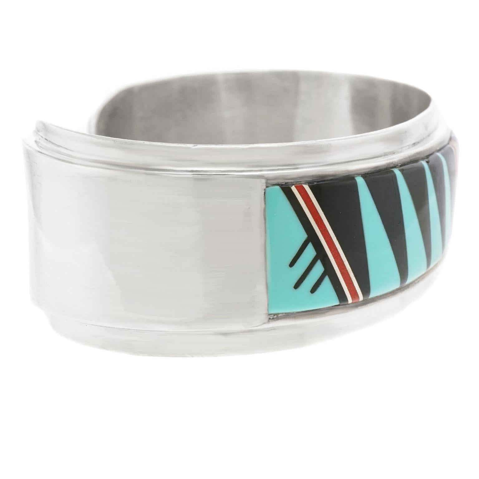 Yazzie Family Inlaid Stone Sterling Cuff Bracelet Navajo 3