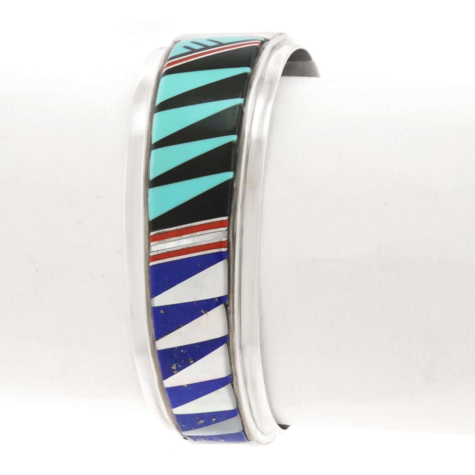 Yazzie Family Inlaid Stone Sterling Cuff Bracelet Navajo 4