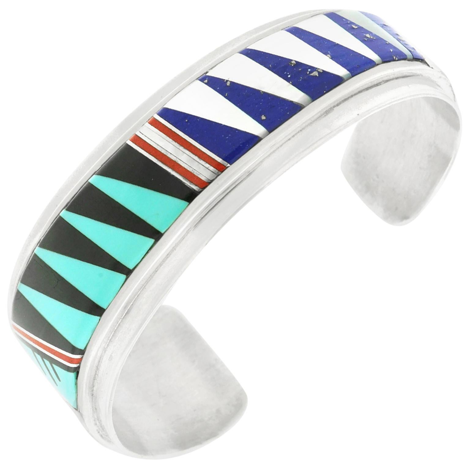 Yazzie Family Inlaid Stone Sterling Cuff Bracelet Navajo