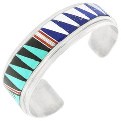 Yazzie Family Inlaid Stone Sterling Cuff Bracelet Navajo