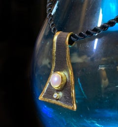 YC Ciondolo d'argento con diamante e perla in rodio nero e oro con catena a corda