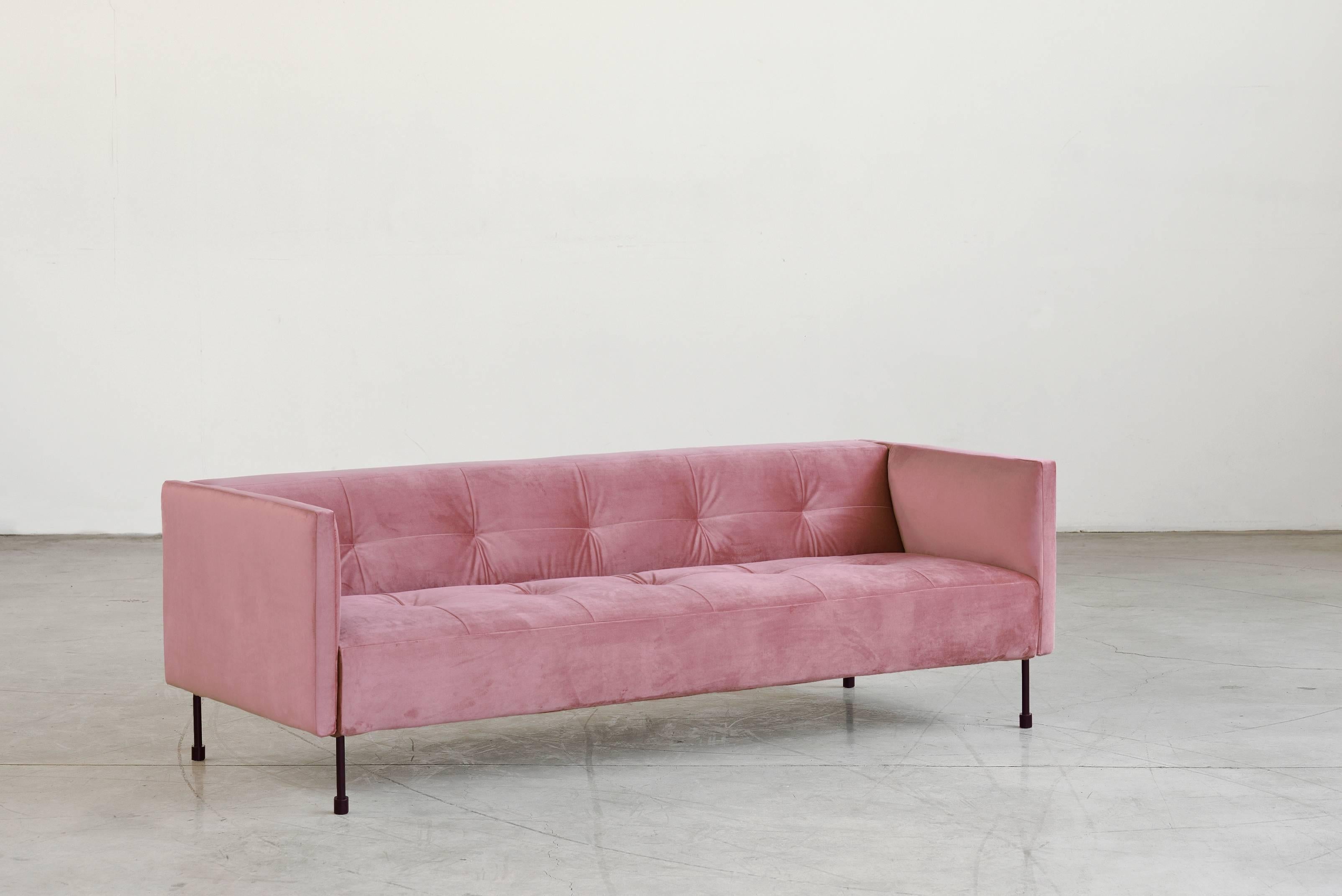 Minimalist Ydra Handmade Contemporary Sofa, Tufted Seat and Backrest, Velvet, Metal Leg For Sale