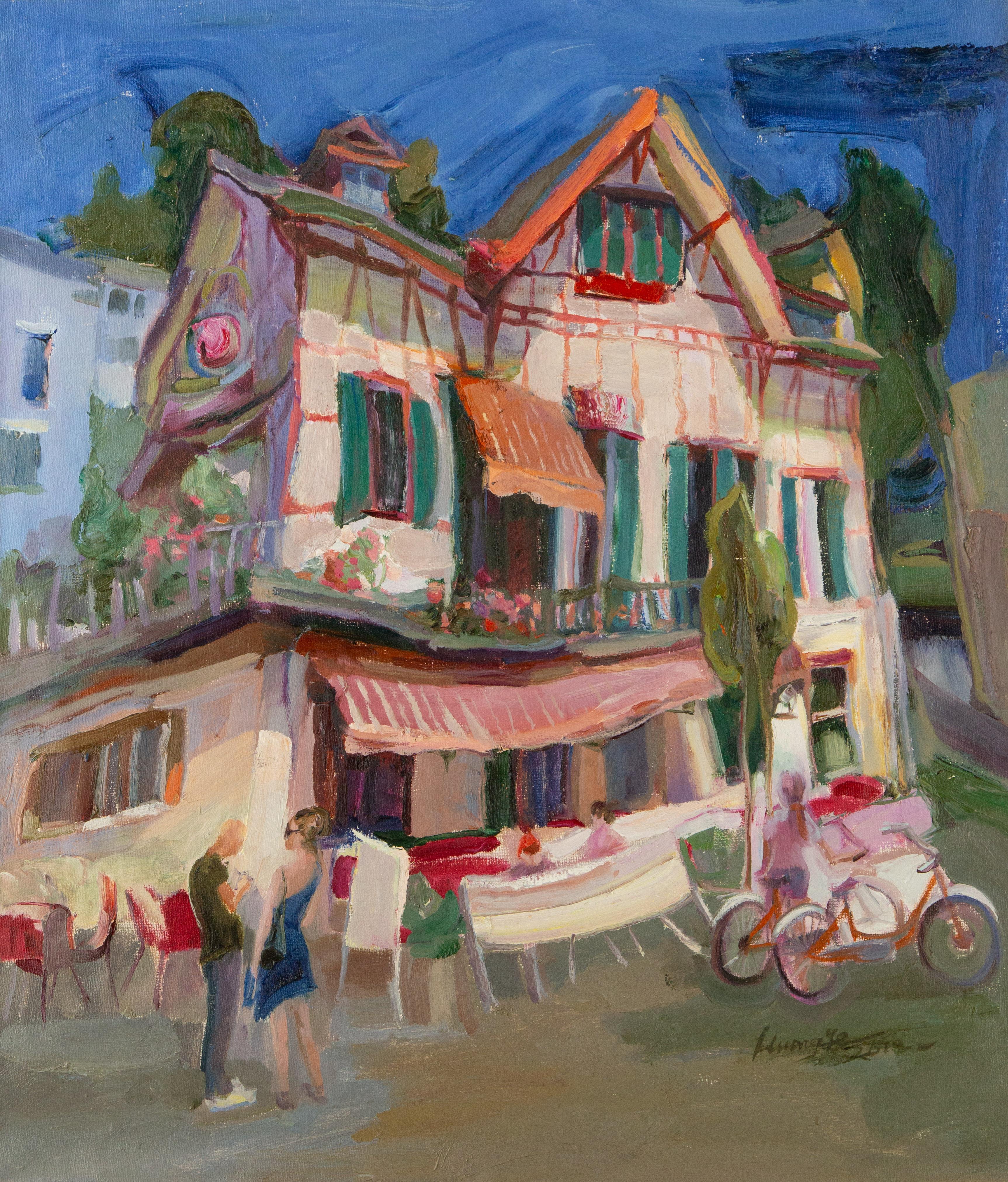  Title: Sunday Cafe
 Medium: Oil on canvas
 Size: 26.5 x 23 inches
 Frame: Framing options available!
 Condition: The painting appears to be in excellent condition.
 Note: This painting is unstretched
 Year: 2000 Circa
 Artist: Ye Huang
 Signature: