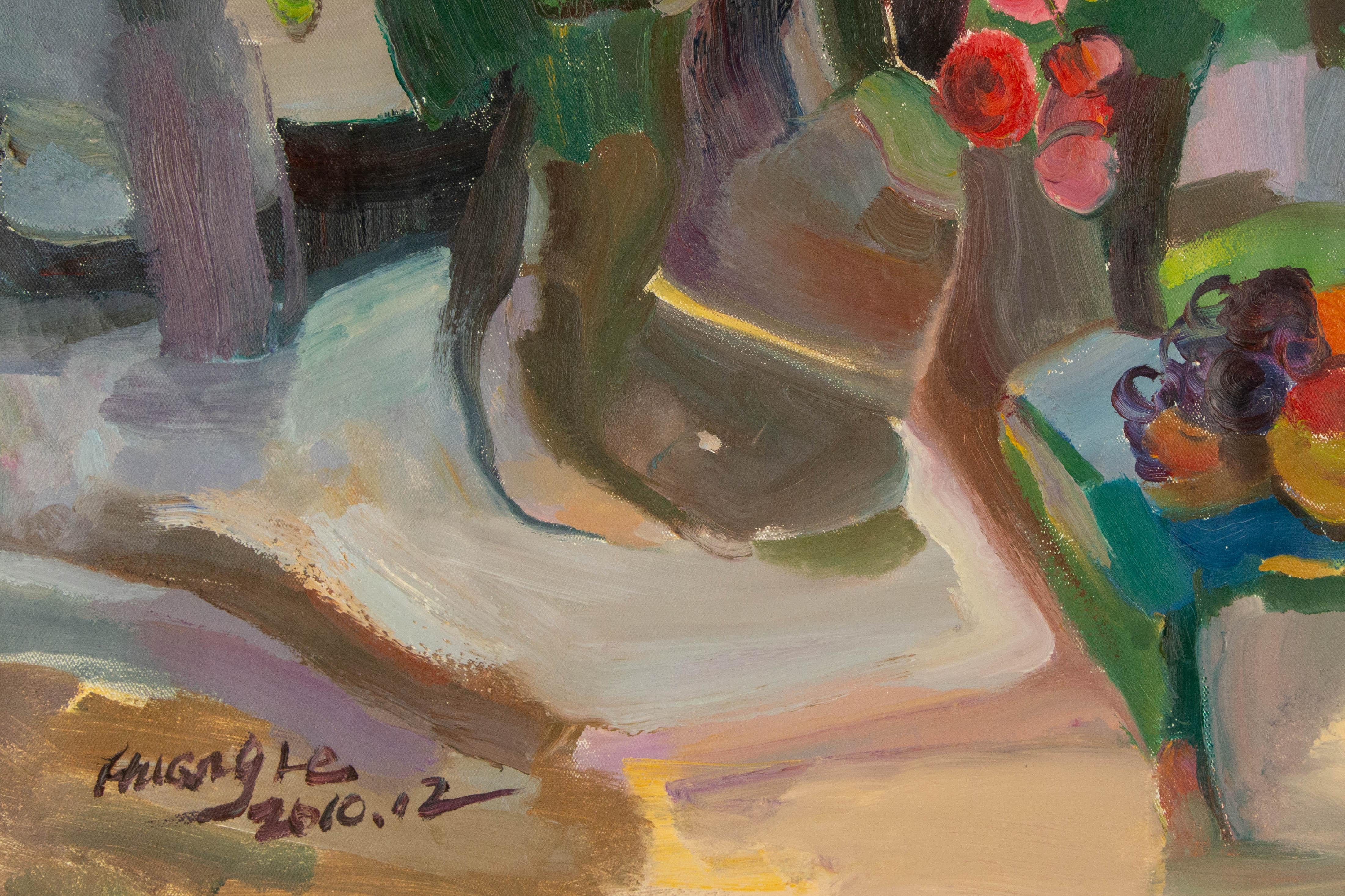 Ye Huang Stillleben Original Ölgemälde auf Leinwand „Wilde Blumen in meiner Vase“ im Angebot 2