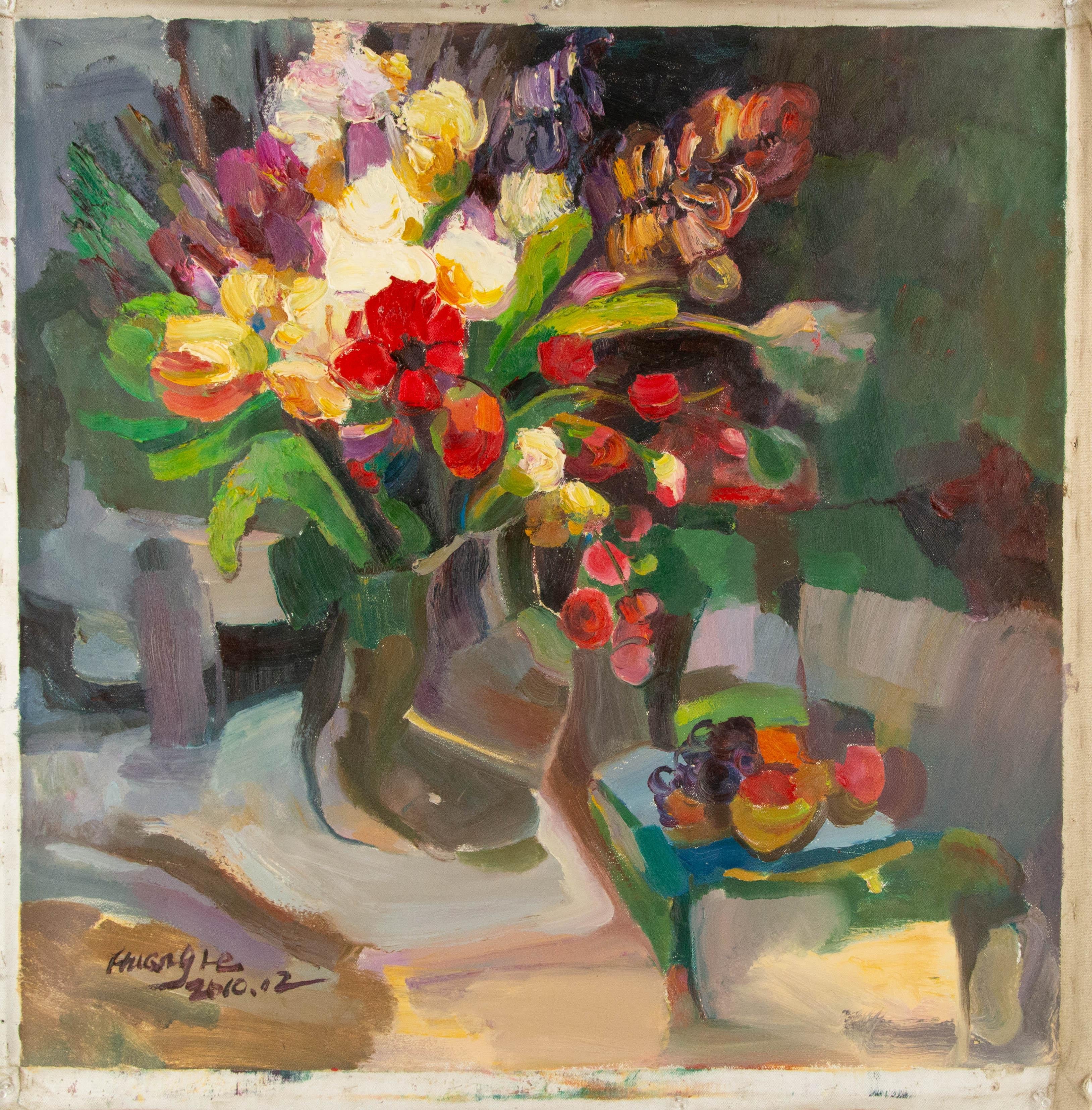 Ye Huang Stillleben Original Ölgemälde auf Leinwand „Wilde Blumen in meiner Vase“ im Angebot 8