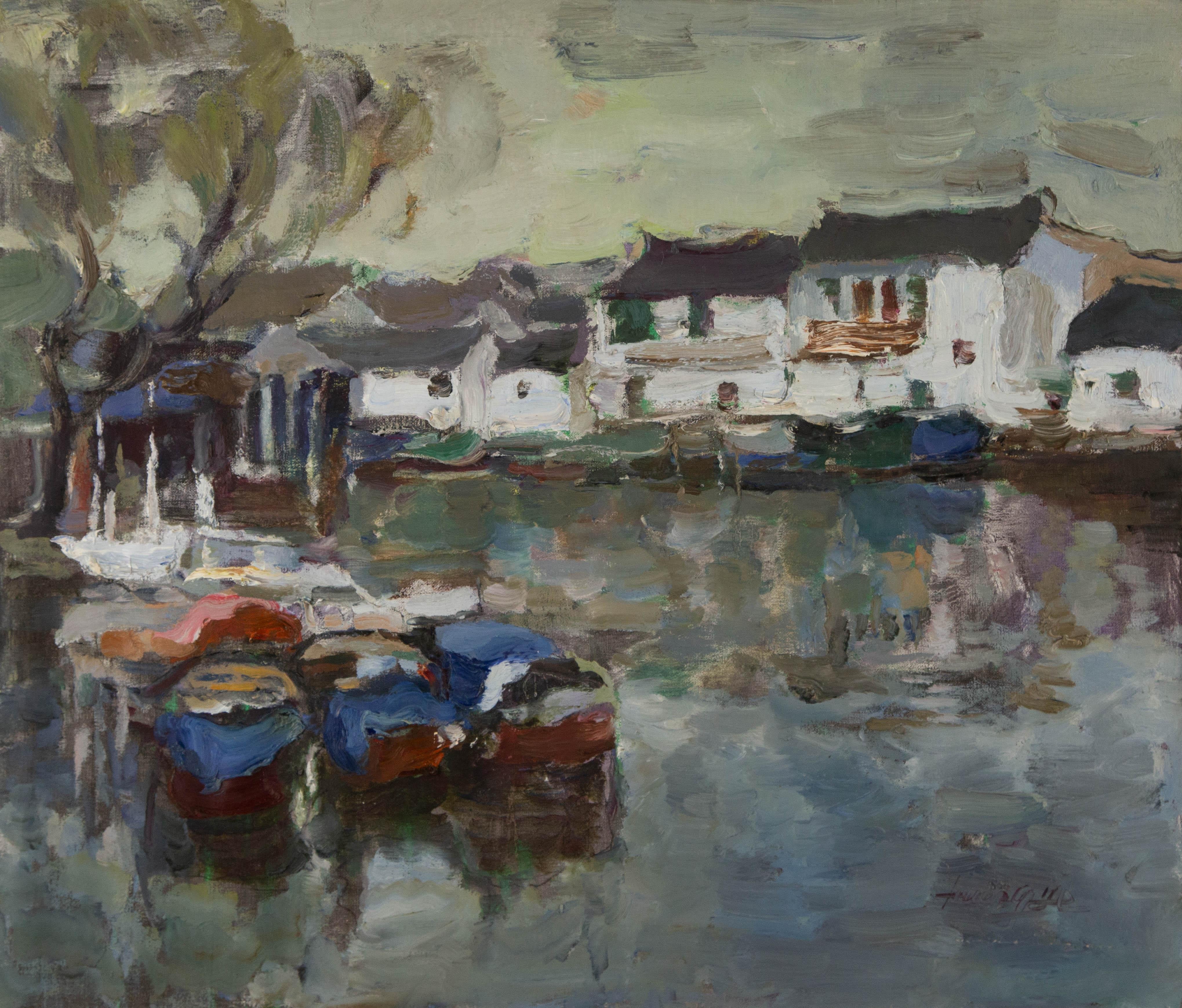 Ye Huang Waterscape Original Oil On Canvas "A Corner of the Old City"