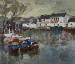 Ye Huang Waterscape Original Oil On Canvas "A Corner of the Old City"