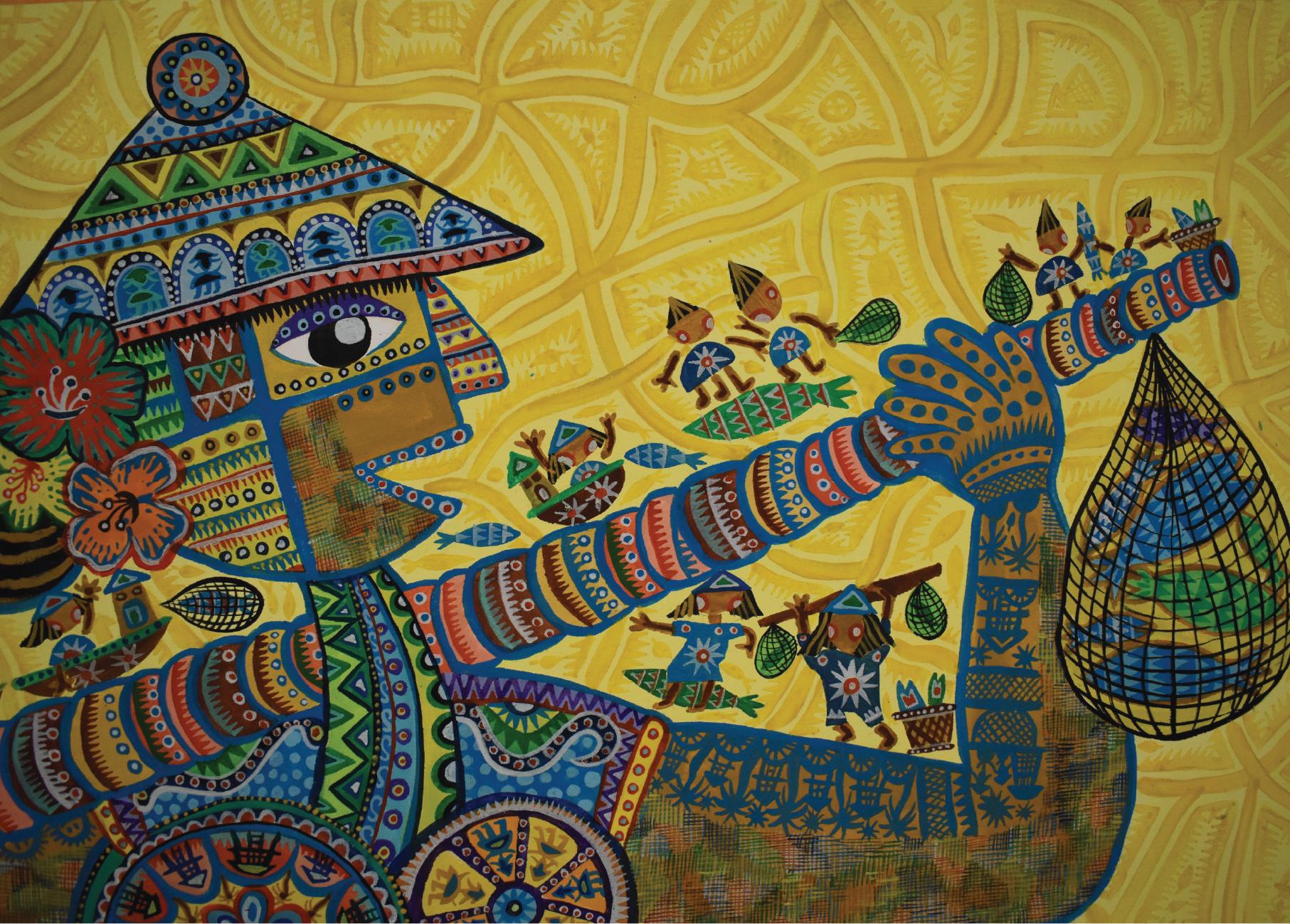 La beauté des cultures ethniques d'Asie du Sud-Est, style brut de Dubuffet - Marron Abstract Painting par Yeanni Koo