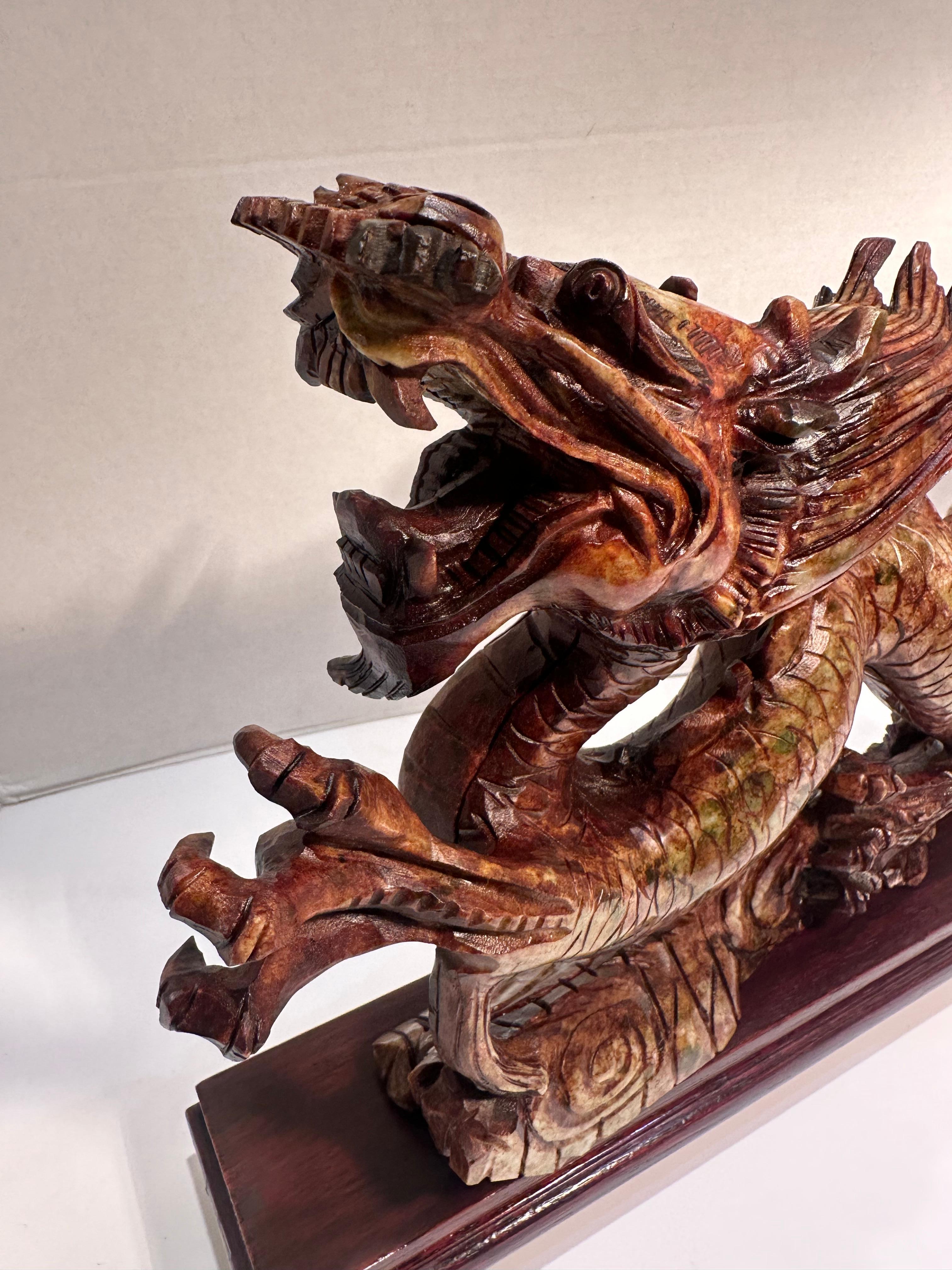 Year of the Dragon Elaborate Hand Carved Stone Dragon Sculpture on Rosewood Base For Sale 3