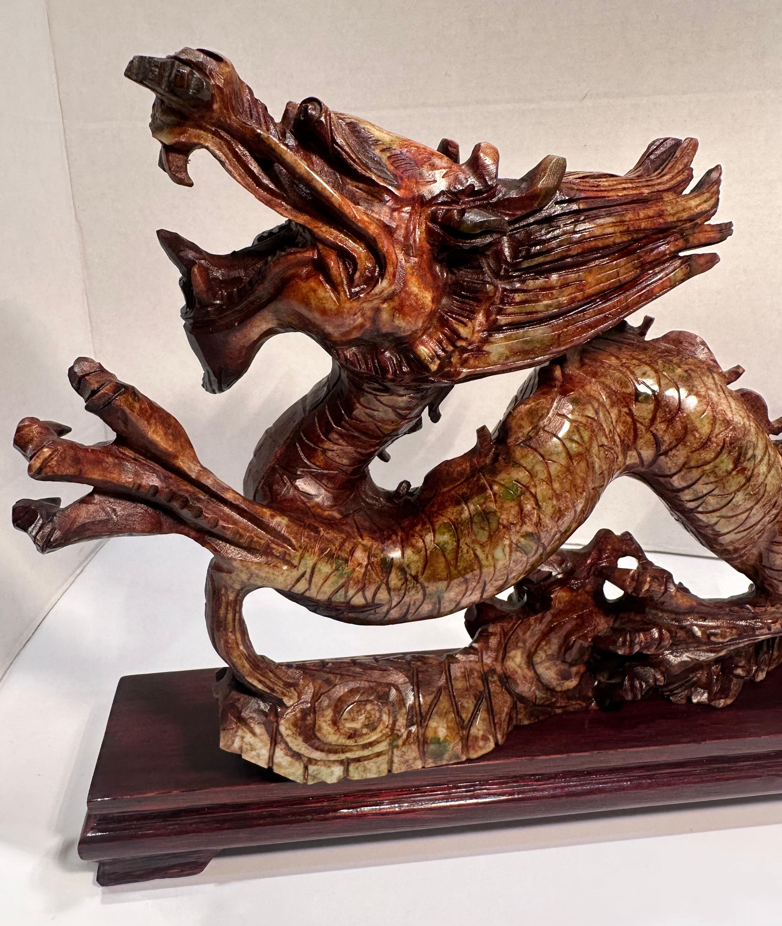 Year of the Dragon Elaborate Hand Carved Stone Dragon Sculpture on Rosewood Base For Sale 4