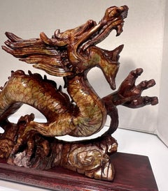 Year of the Dragon Elaborate Hand Carved Stone Dragon Sculpture on Rosewood Base